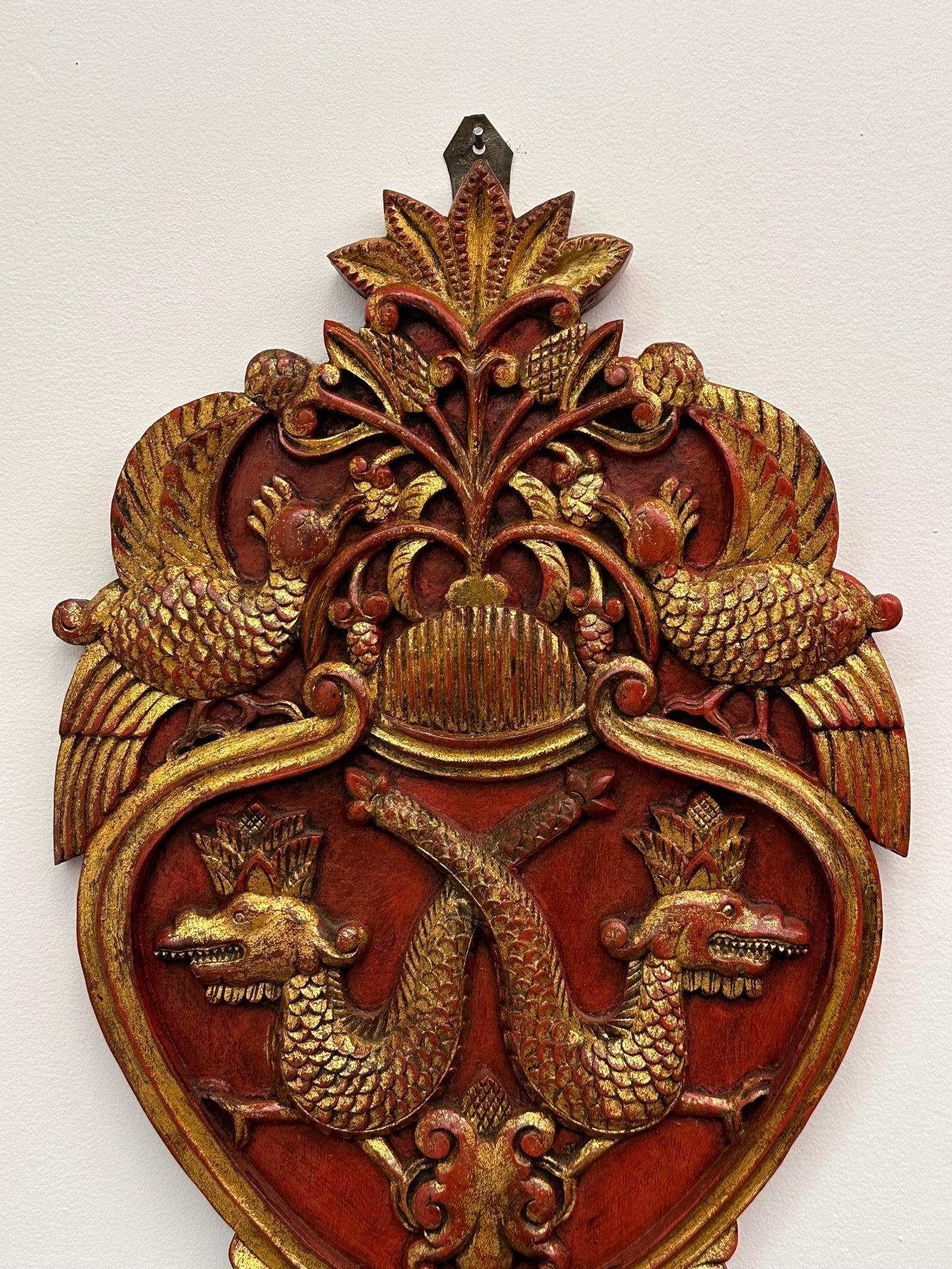 Mid-20th Century Gorgeous Pair of Continental Vintage Hand Carved Red & Gilt Wall Plaques For Sale