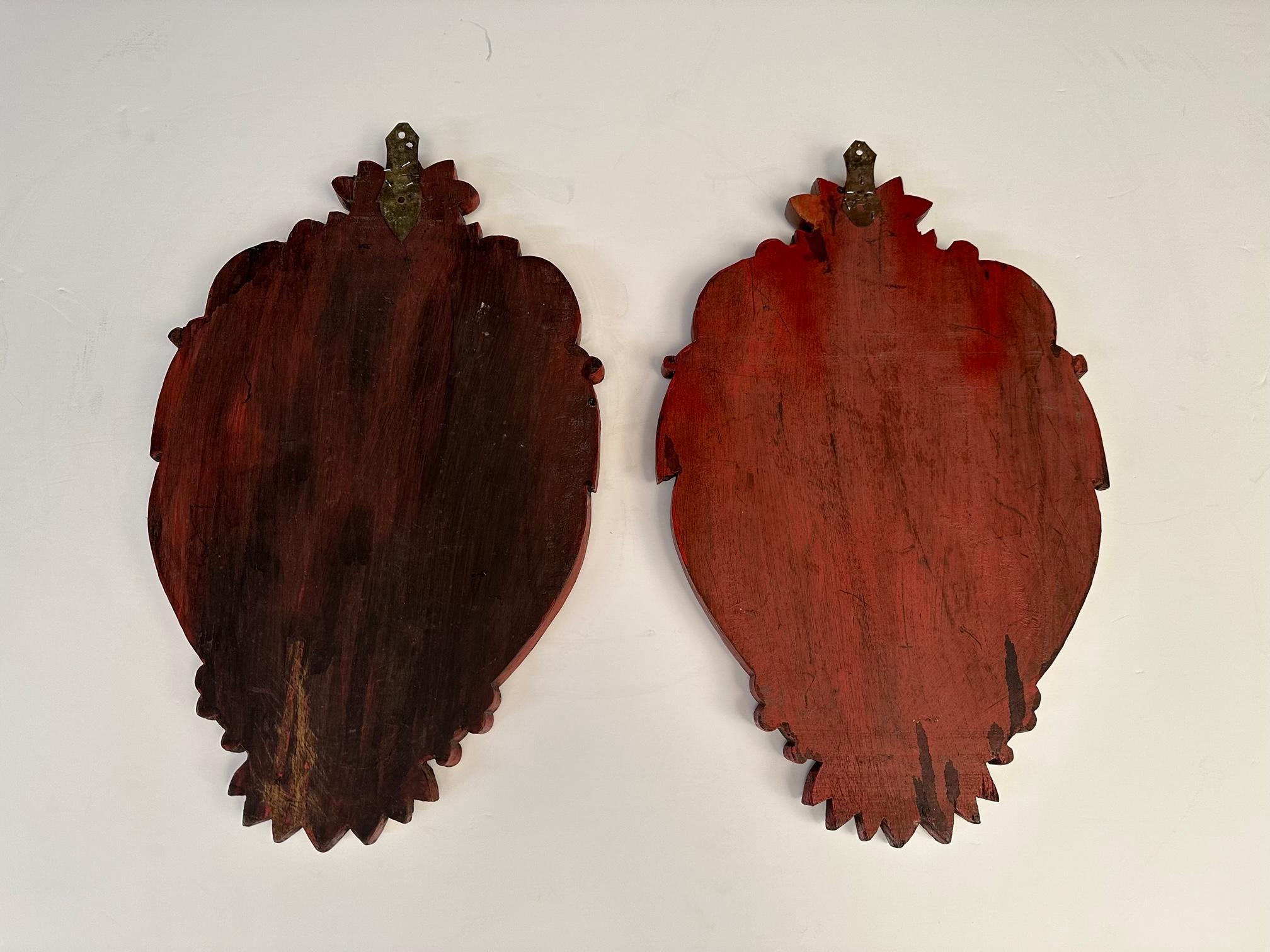 Wood Gorgeous Pair of Continental Vintage Hand Carved Red & Gilt Wall Plaques For Sale
