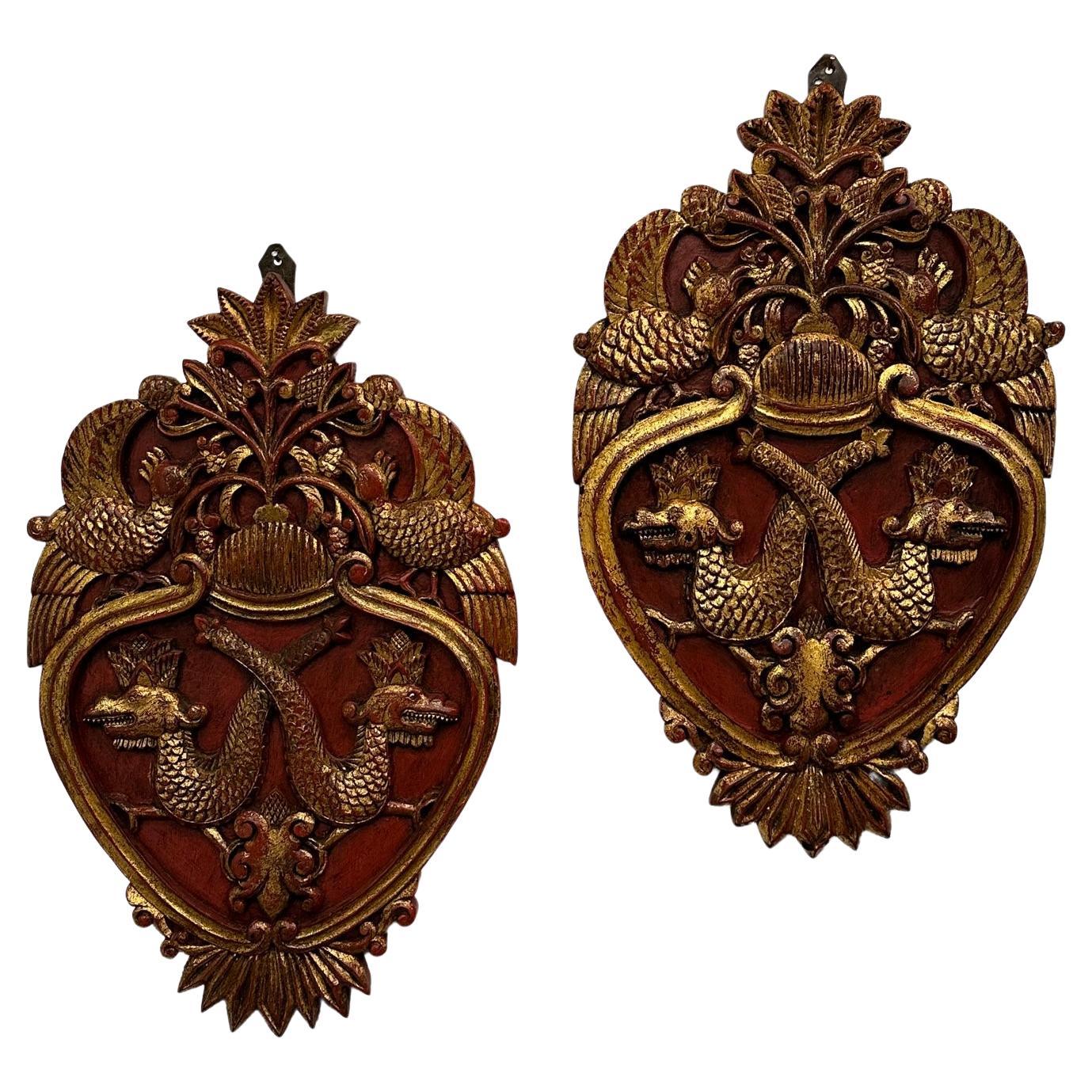 Gorgeous Pair of Continental Vintage Hand Carved Red & Gilt Wall Plaques For Sale