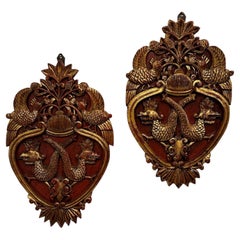 Gorgeous Pair of Continental Vintage Hand Carved Red & Gilt Wall Plaques