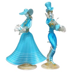 Gorgeous Pair of Dancing Couple Figurines, Murano Glass with Gold Foil Spreaded