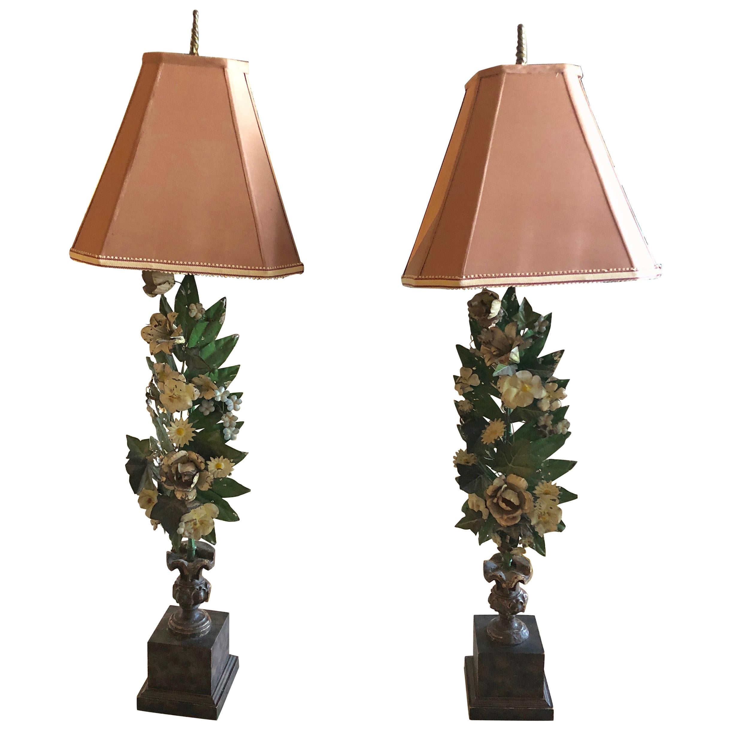 Gorgeous Pair of French Antique Tole Table Lamps with Flowers and Leaves