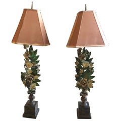 Gorgeous Pair of French Antique Tole Table Lamps with Flowers and Leaves