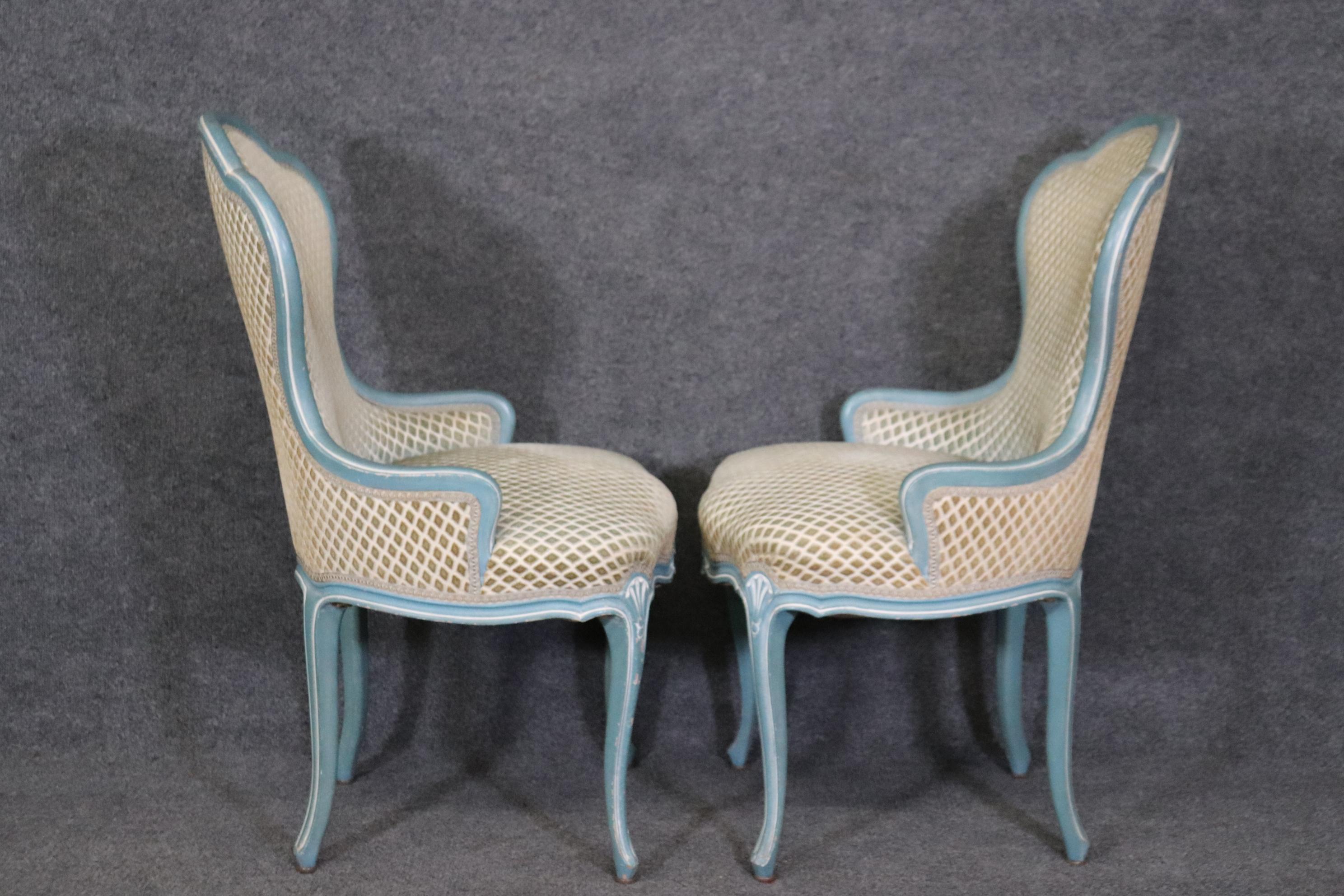 Walnut Gorgeous Pair of French Blue and White Painted Louis XV Parlor Boudoir Chairs For Sale
