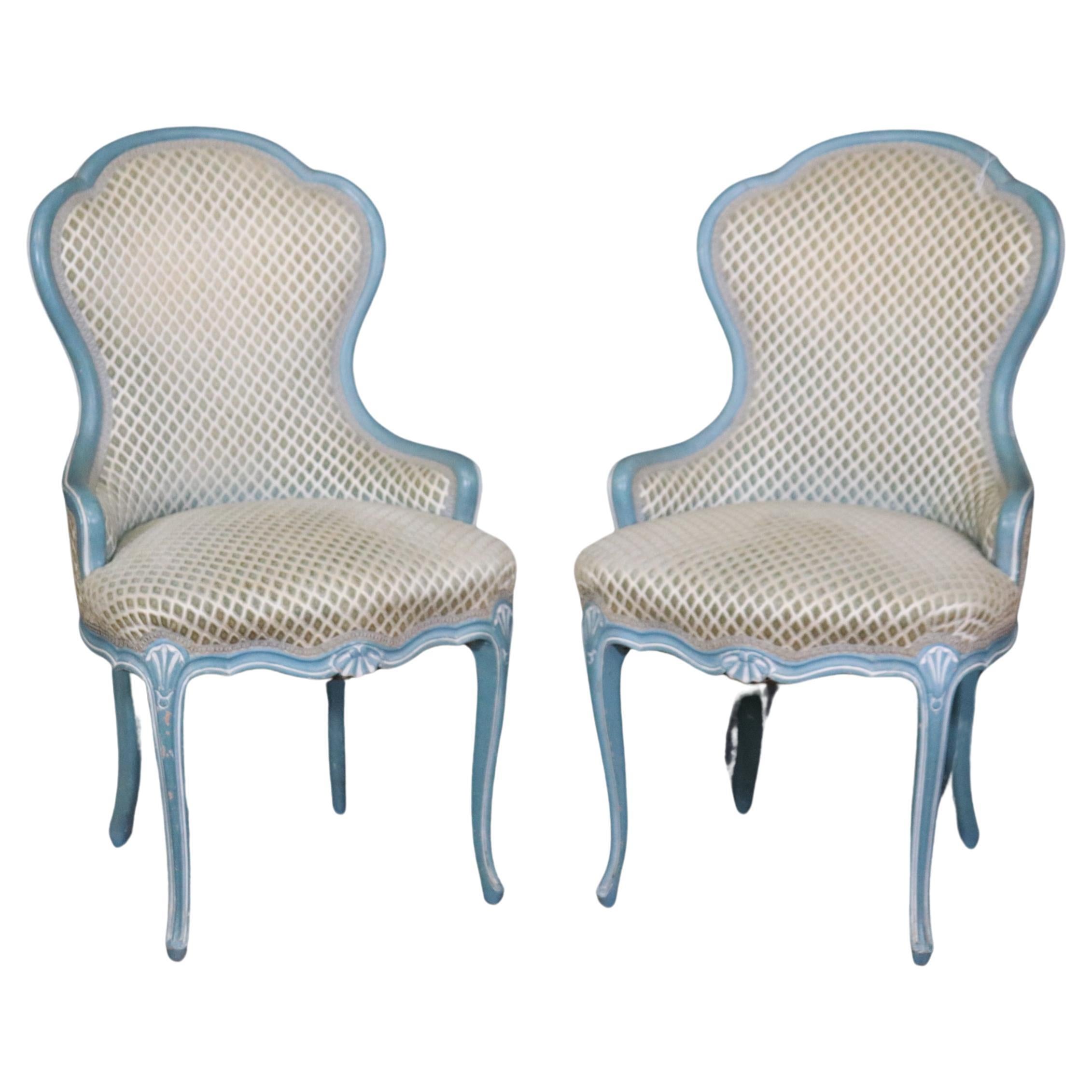 Gorgeous Pair of French Blue and White Painted Louis XV Parlor Boudoir Chairs For Sale