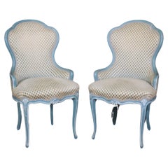 Vintage Gorgeous Pair of French Blue and White Painted Louis XV Parlor Boudoir Chairs