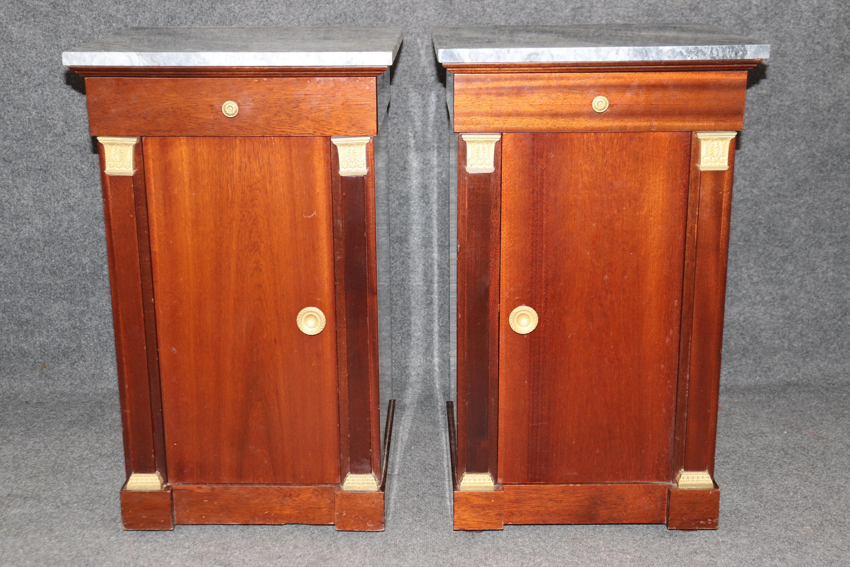Gorgeous Pair of French Dore' Bronze and Marble French Empire Nightstands For Sale 1