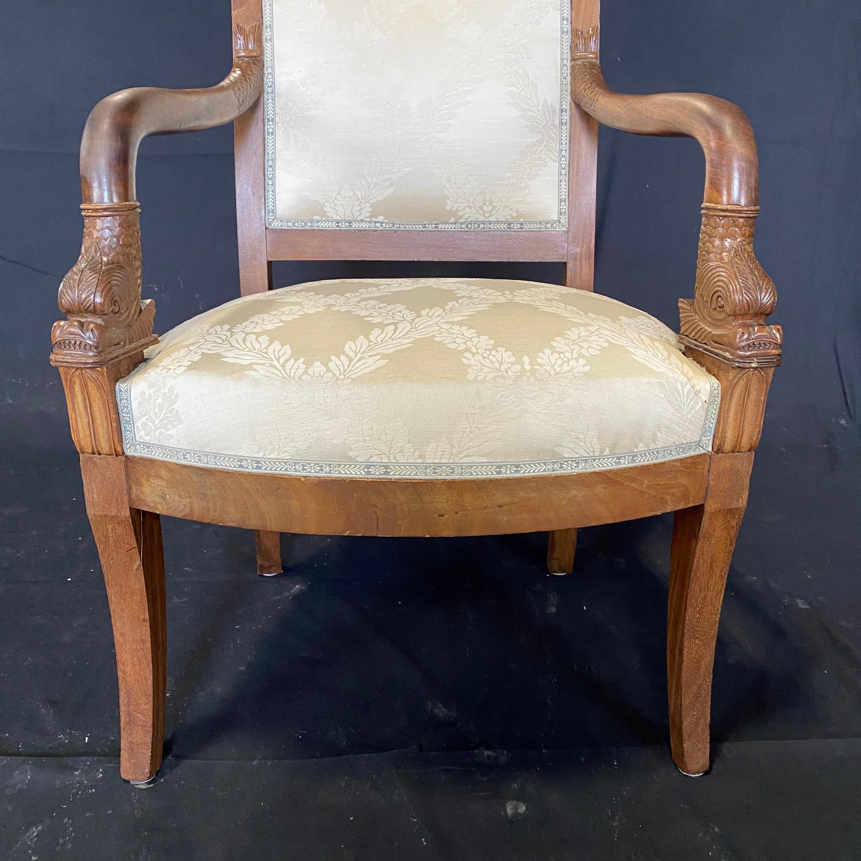 19th Century Gorgeous Pair of French Empire Carved Walnut Armchairs with Dolphin Armrests For Sale