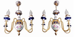 Gorgeous Pair of French Limoges Style Gilt Chandelier in Pink & Blue Porcelain
