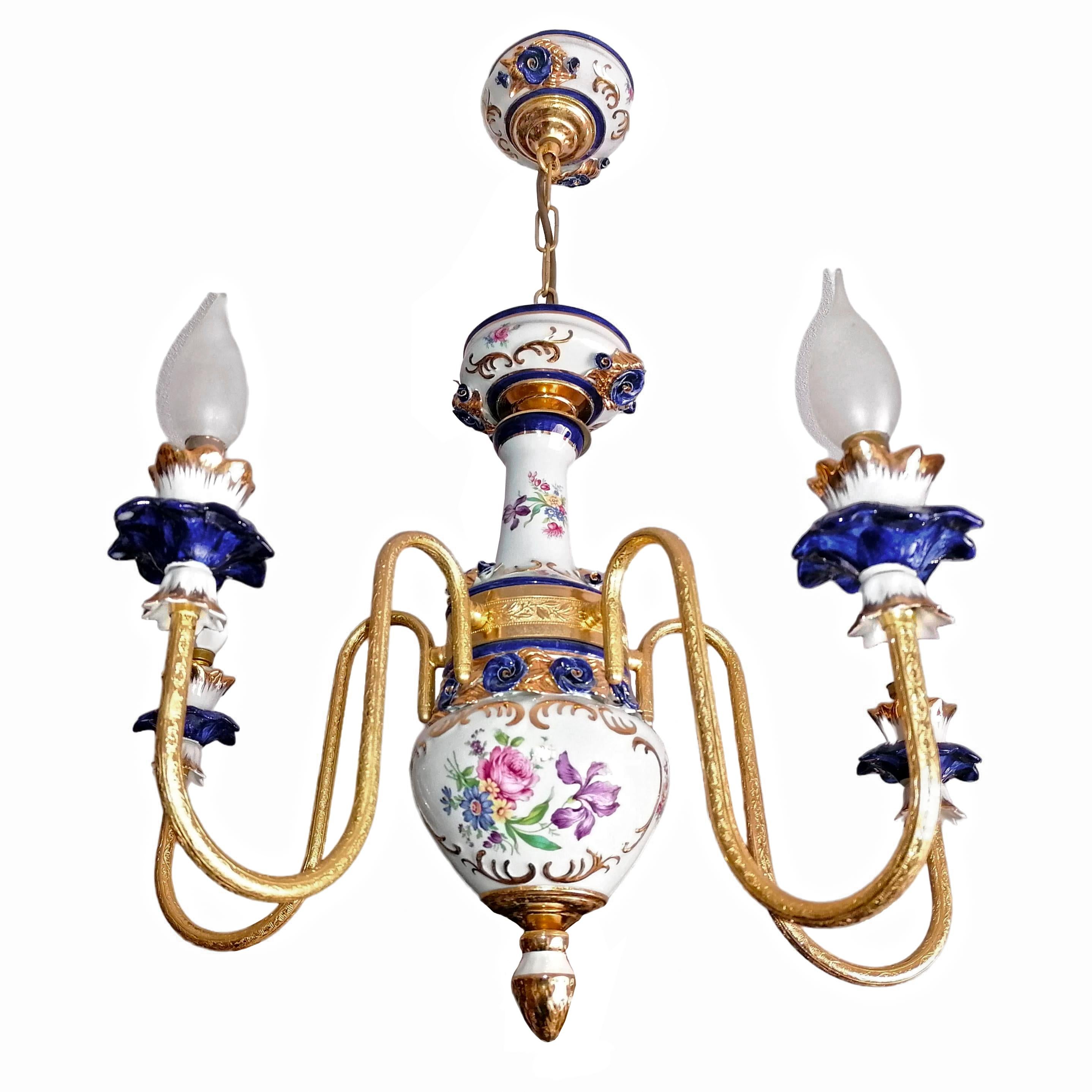 Hollywood Regency Gorgeous Pair of French Limoges Style Gilt Chandelier in Pink & Blue Porcelain For Sale
