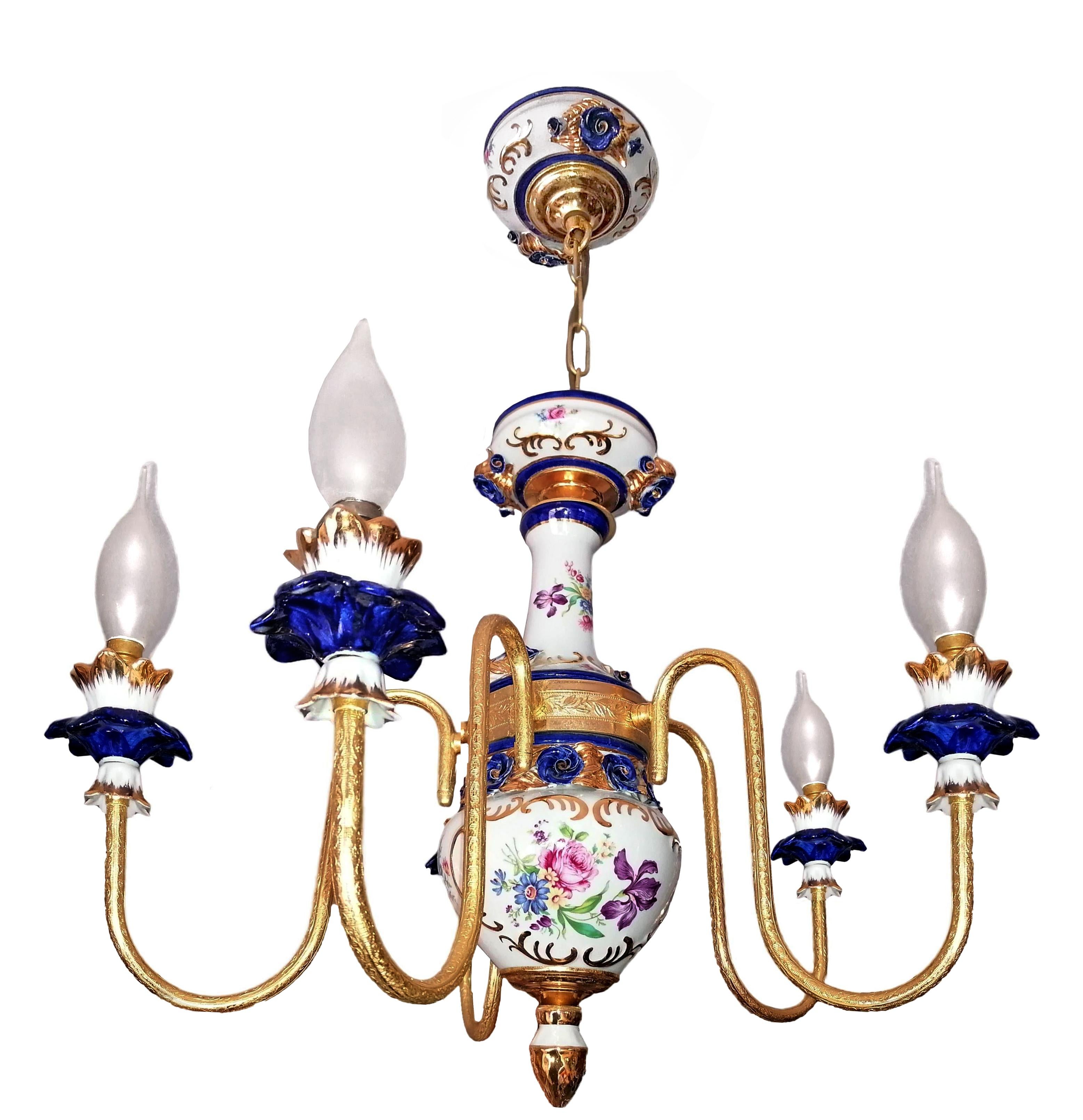 Hand-Painted Gorgeous Pair of French Limoges Style Gilt Chandelier in Pink & Blue Porcelain For Sale