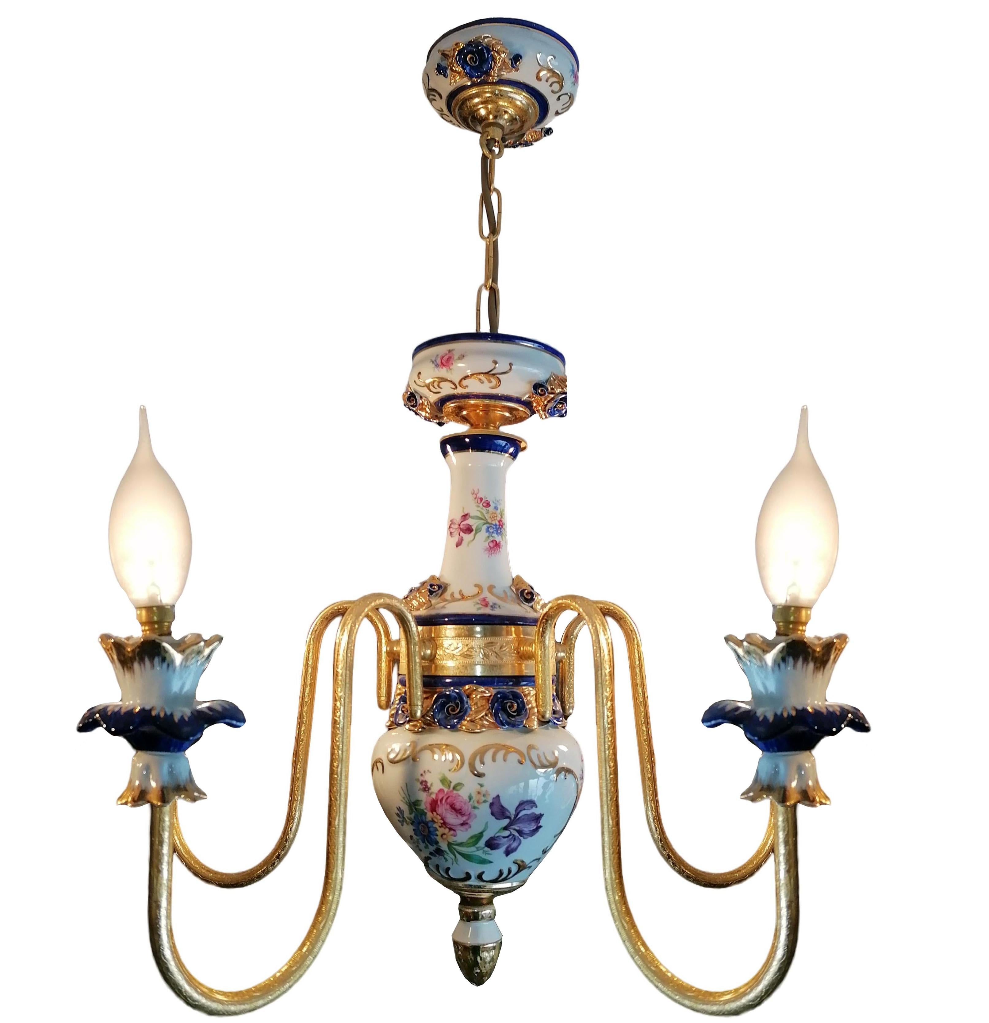 20th Century Gorgeous Pair of French Limoges Style Gilt Chandelier in Pink & Blue Porcelain For Sale