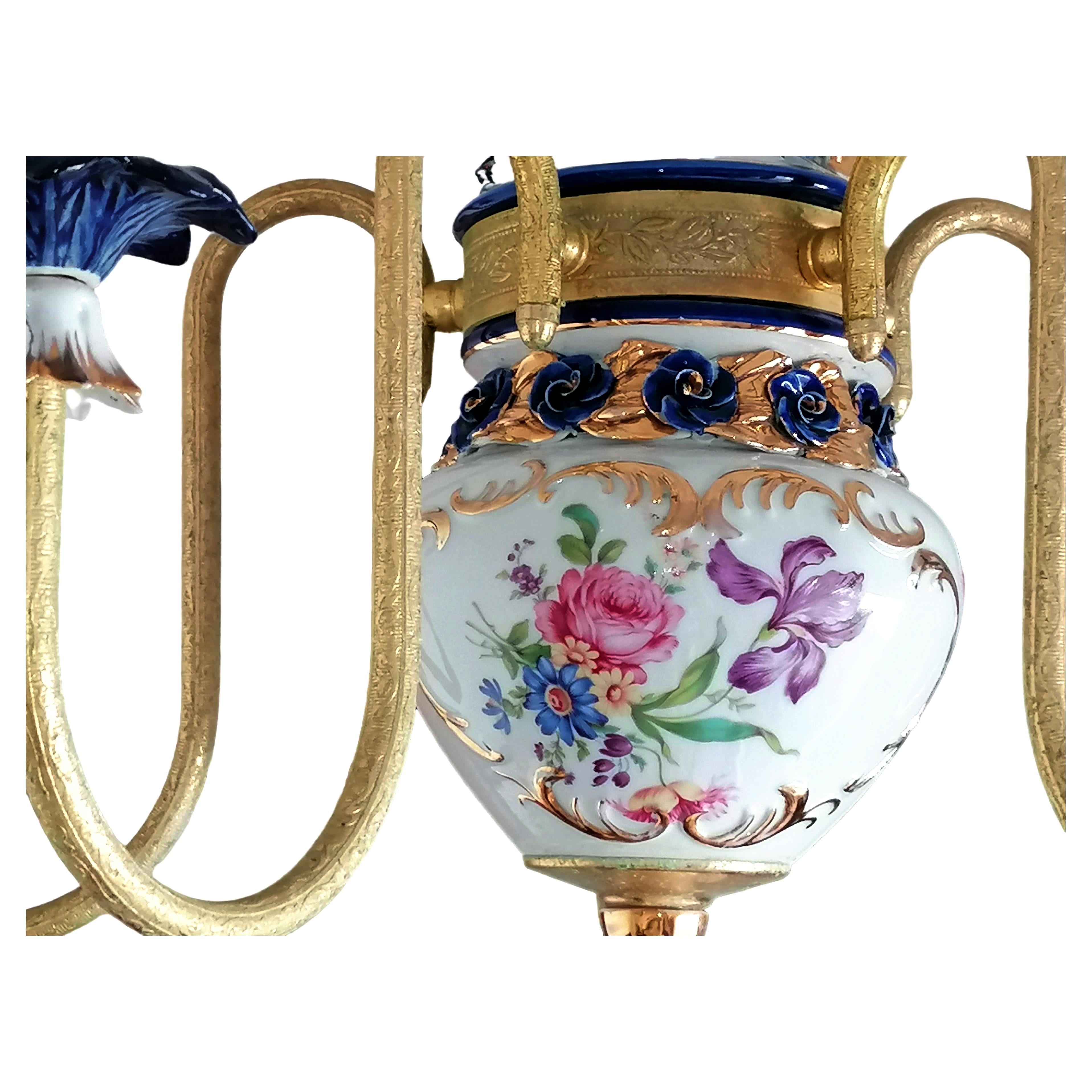 Brass Gorgeous Pair of French Limoges Style Gilt Chandelier in Pink & Blue Porcelain For Sale