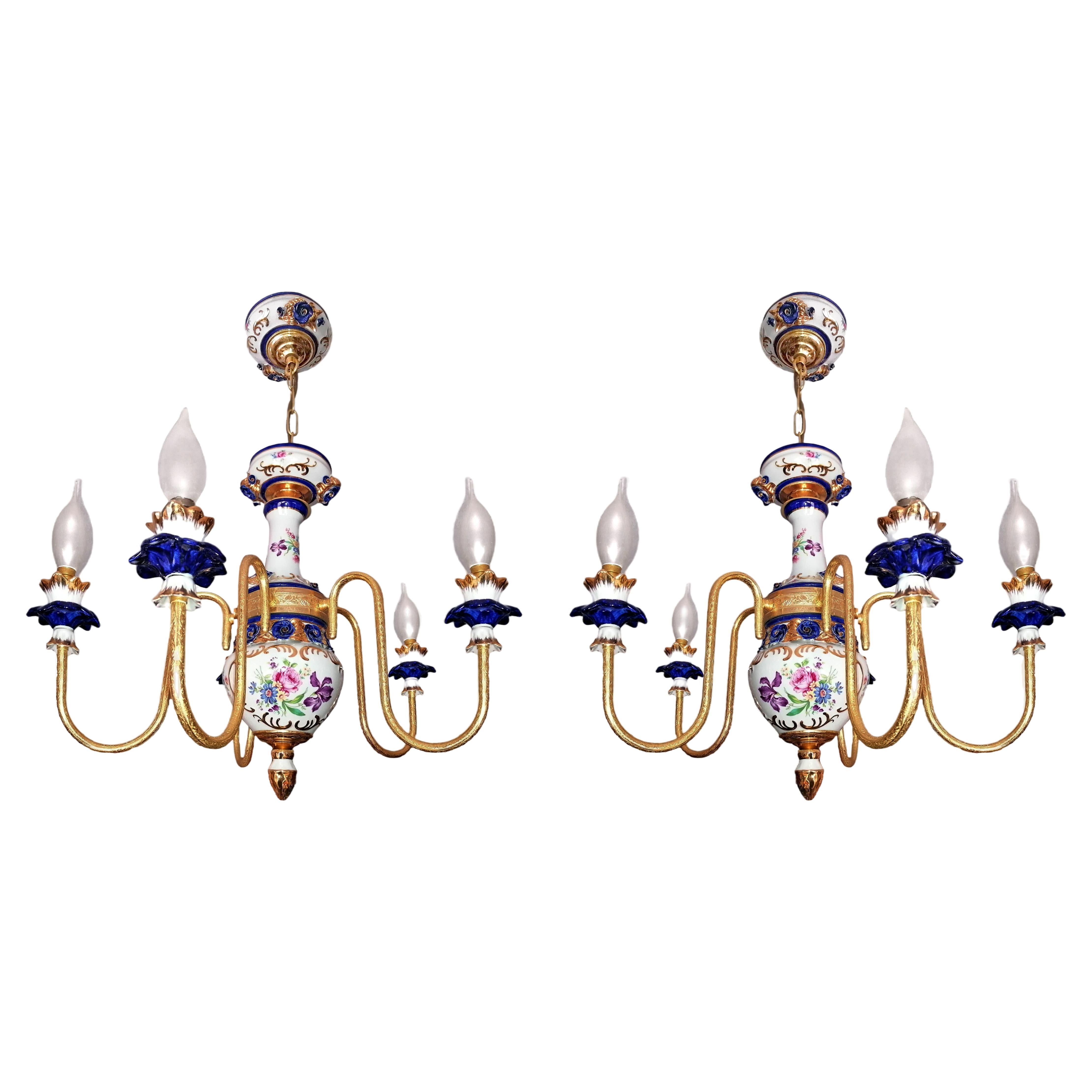 Gorgeous Pair of French Limoges Style Gilt Chandelier in Pink & Blue Porcelain