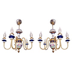 Gorgeous Pair of French Limoges Style Gilt Chandelier in Pink & Blue Porcelain