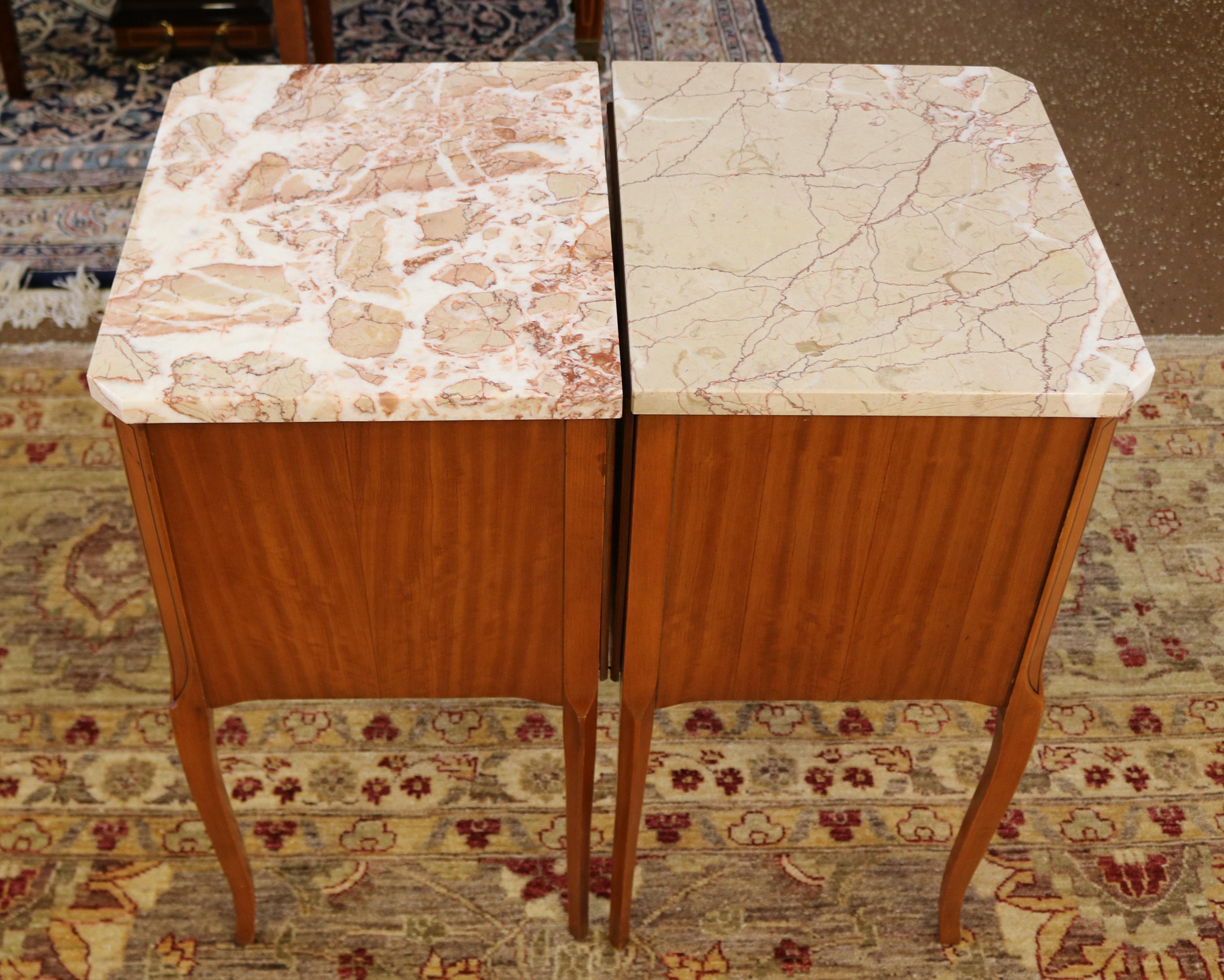 Gorgeous Pair of French Louis XV Style Satinwood Marble Top Nightstands  For Sale 10
