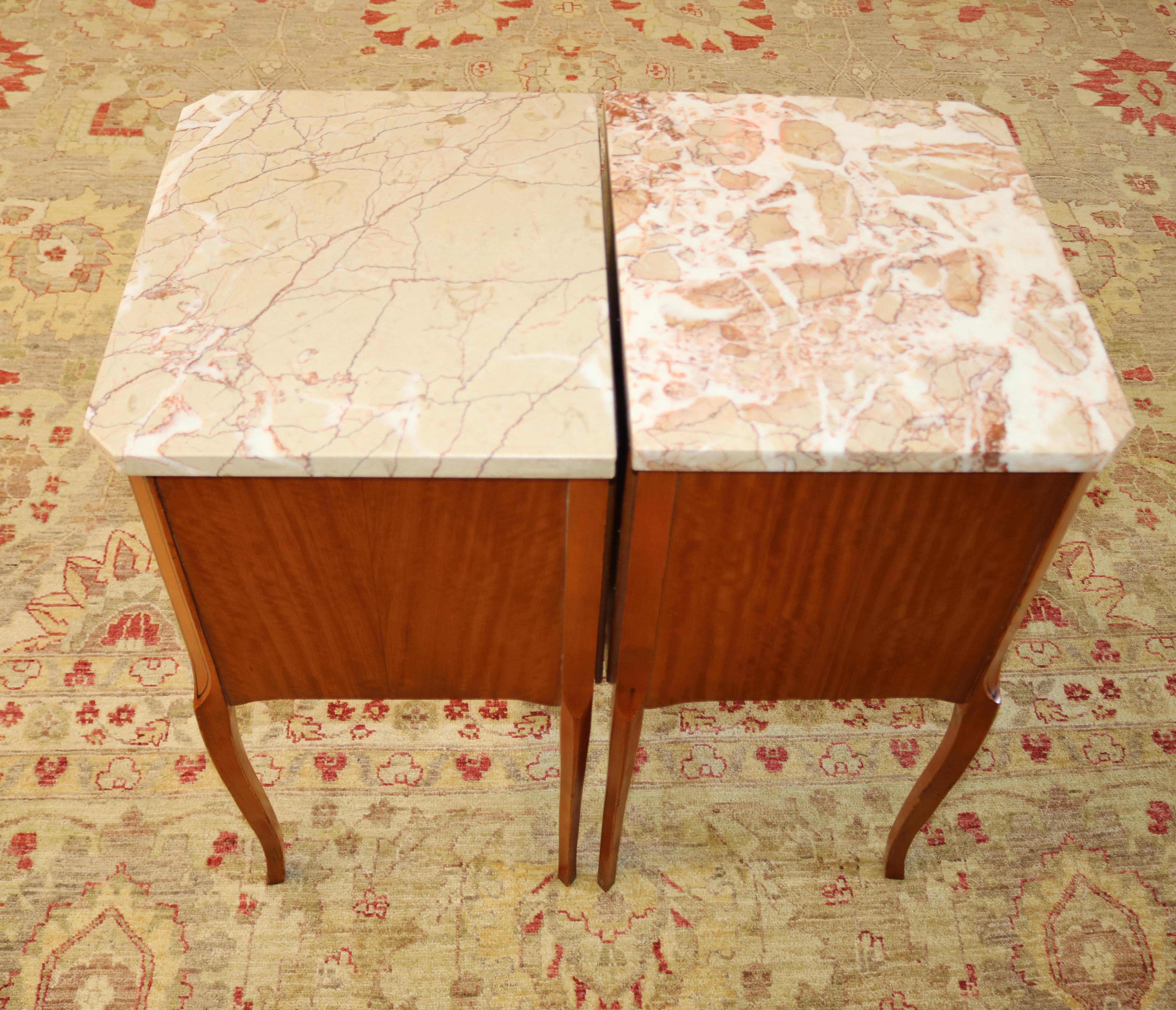 Gorgeous Pair of French Louis XV Style Satinwood Marble Top Nightstands  For Sale 11