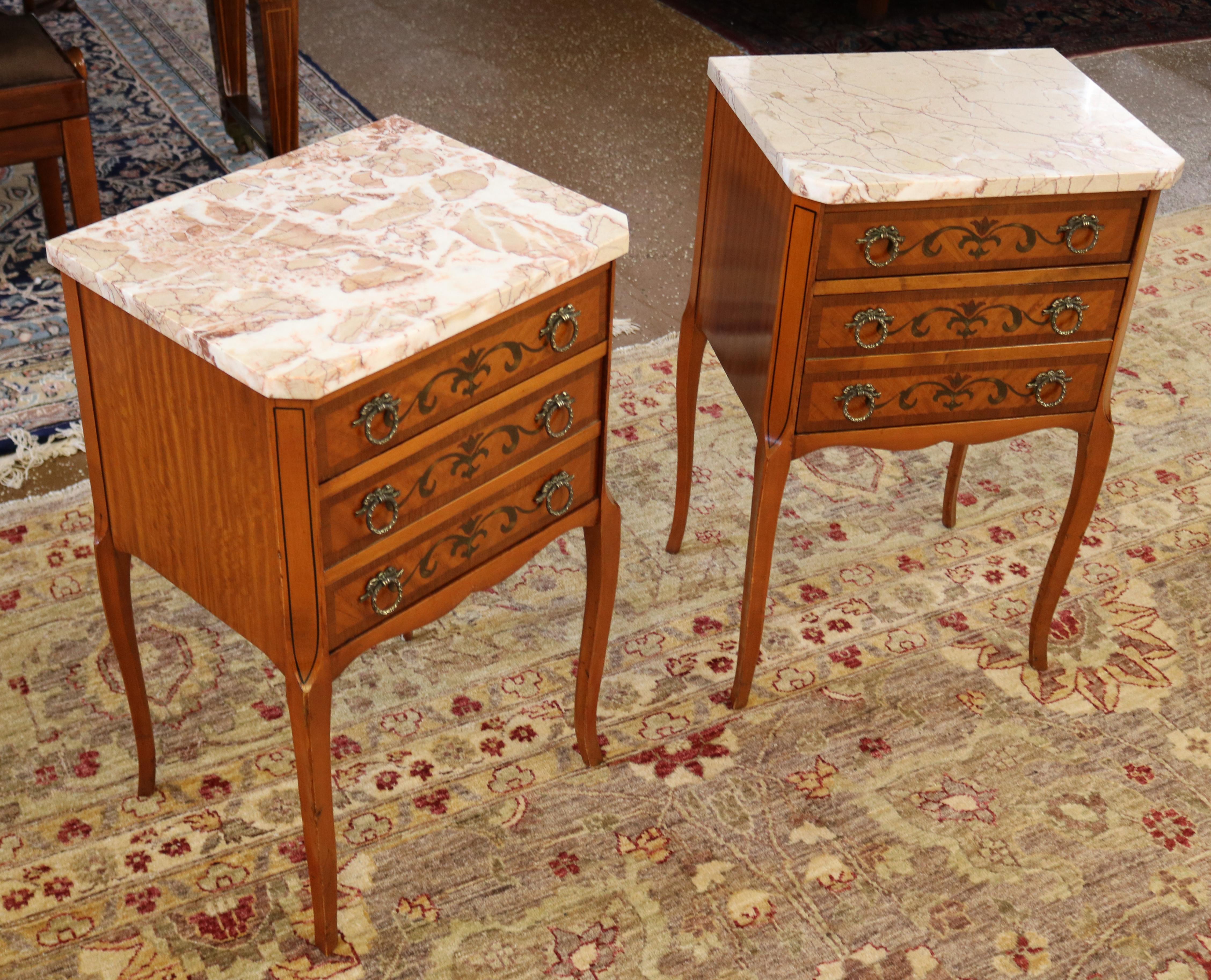 Gorgeous Pair of French Louis XV Style Satinwood Marble Top Nightstands  In Good Condition For Sale In Long Branch, NJ