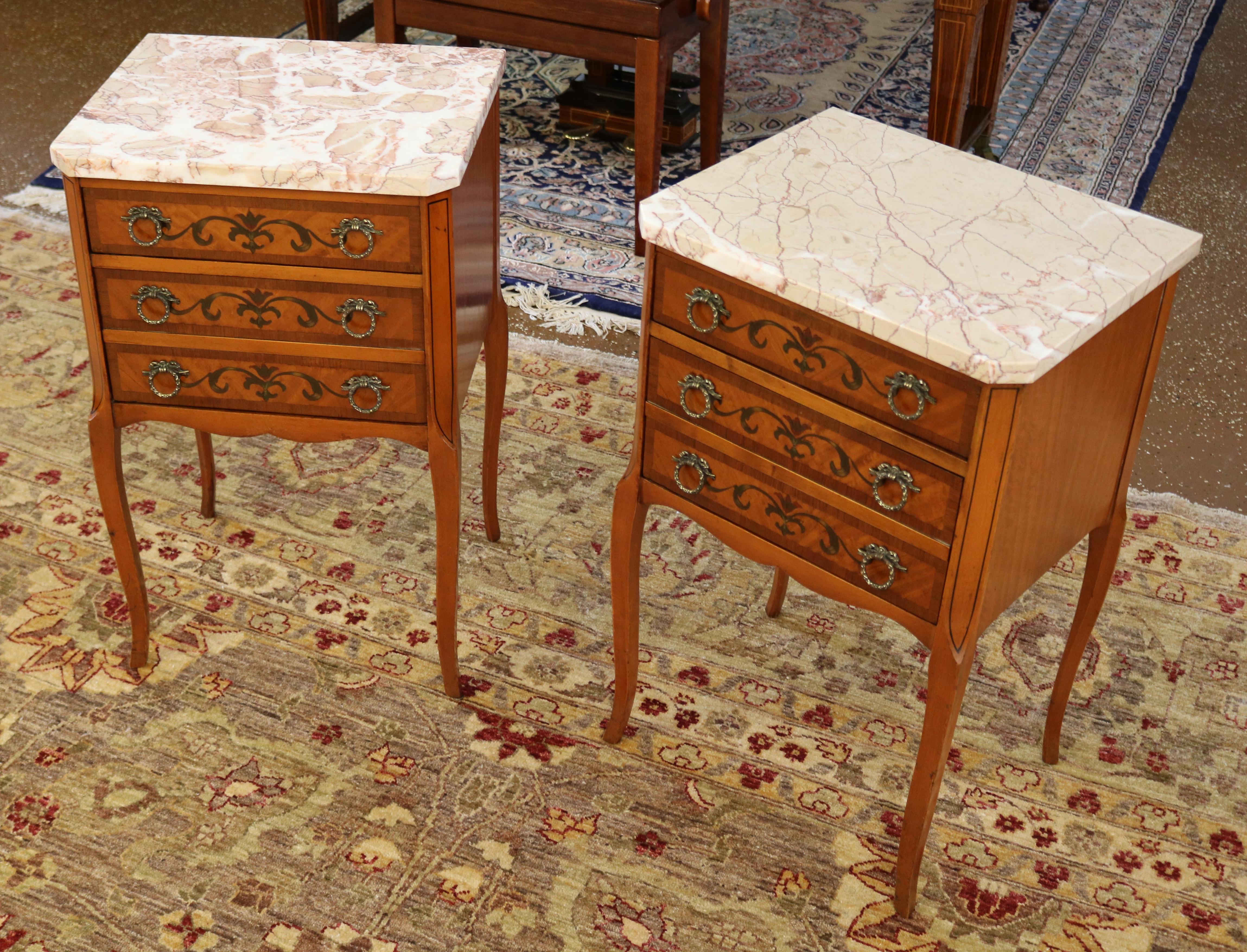Mid-20th Century Gorgeous Pair of French Louis XV Style Satinwood Marble Top Nightstands  For Sale