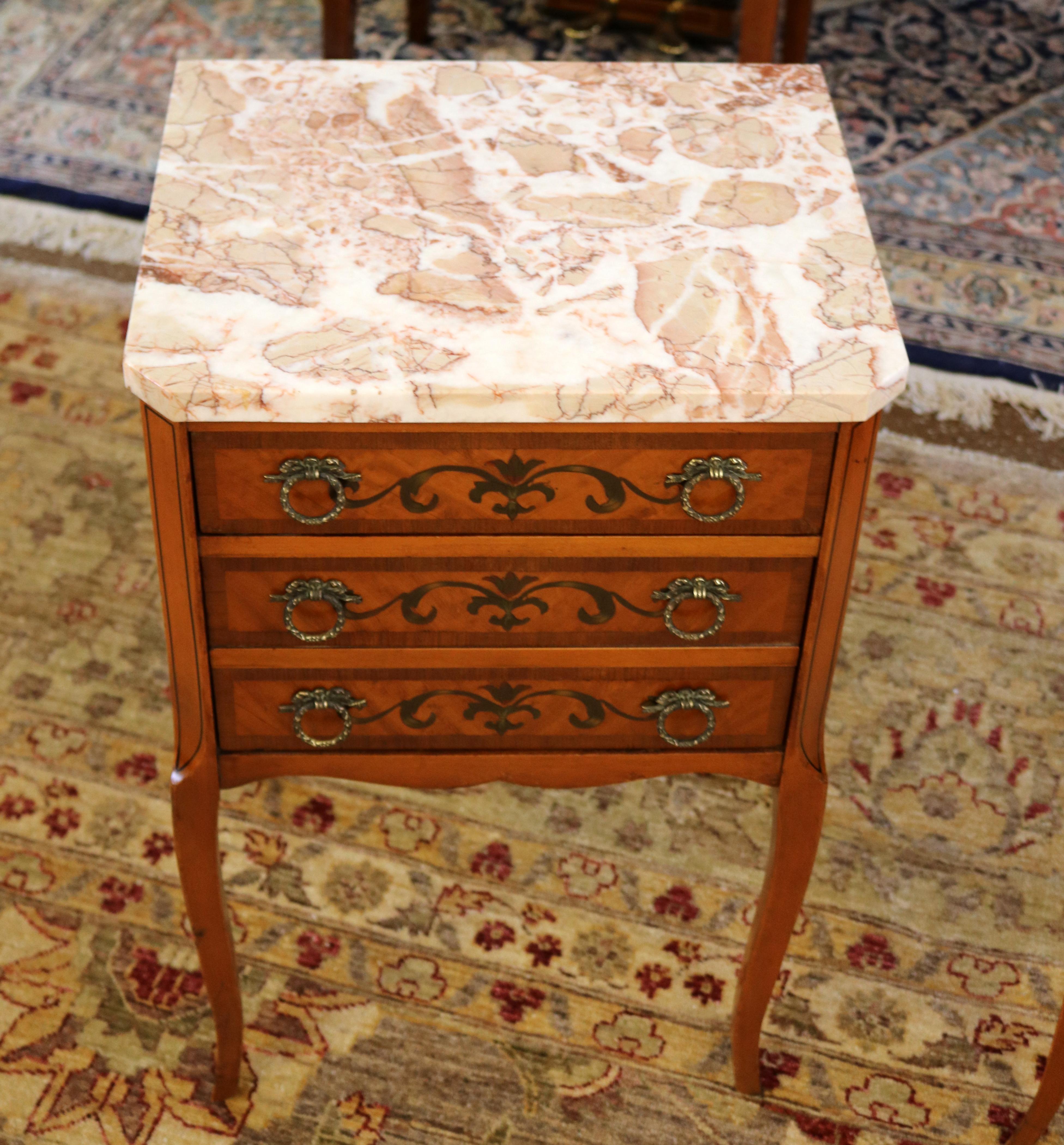 Gorgeous Pair of French Louis XV Style Satinwood Marble Top Nightstands  For Sale 2