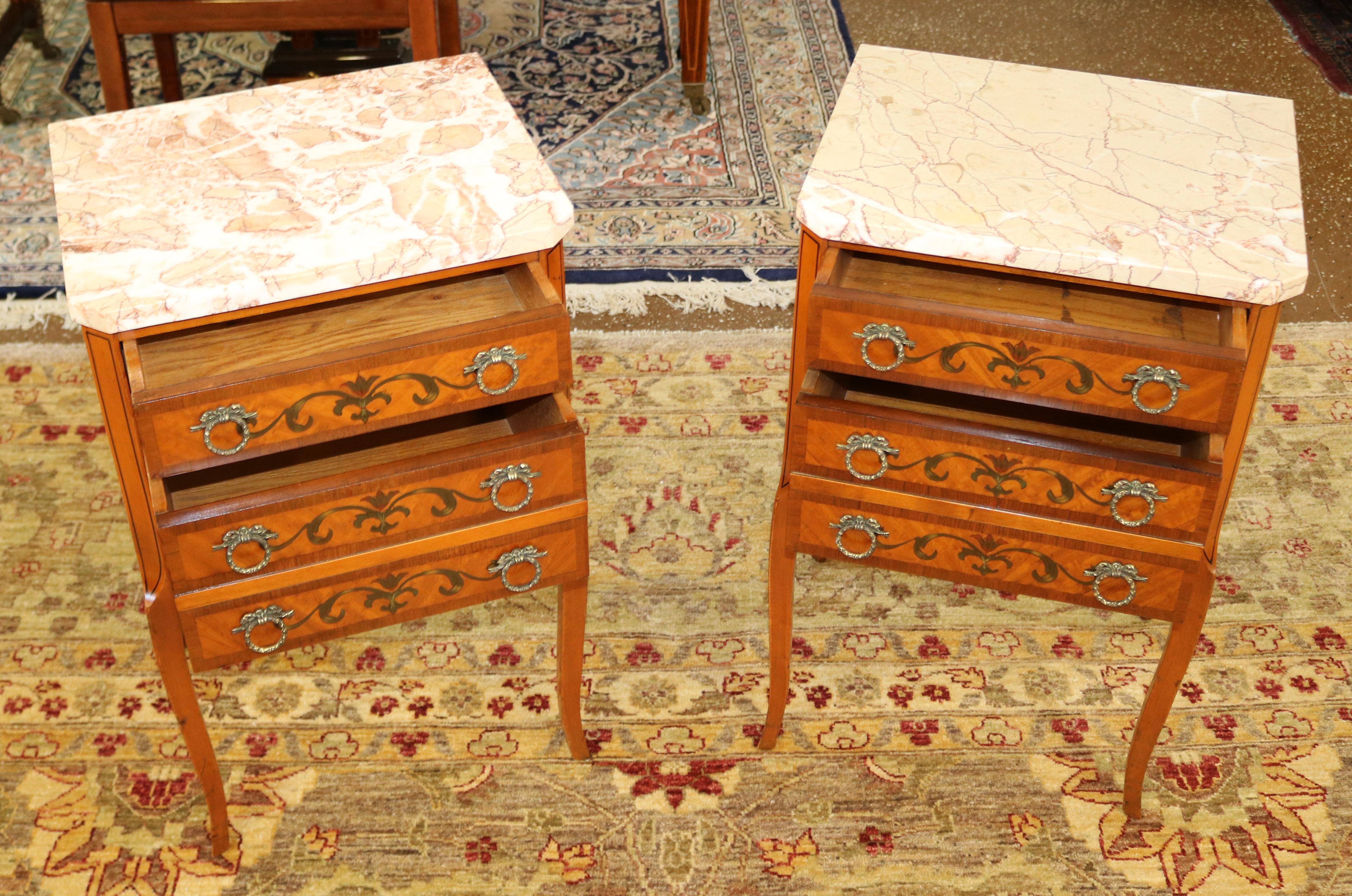 Gorgeous Pair of French Louis XV Style Satinwood Marble Top Nightstands  For Sale 3