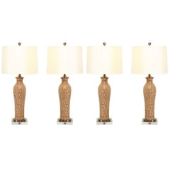 Gorgeous Pair of Glazed Ceramic Lamps with Lucite and Bronze Accents