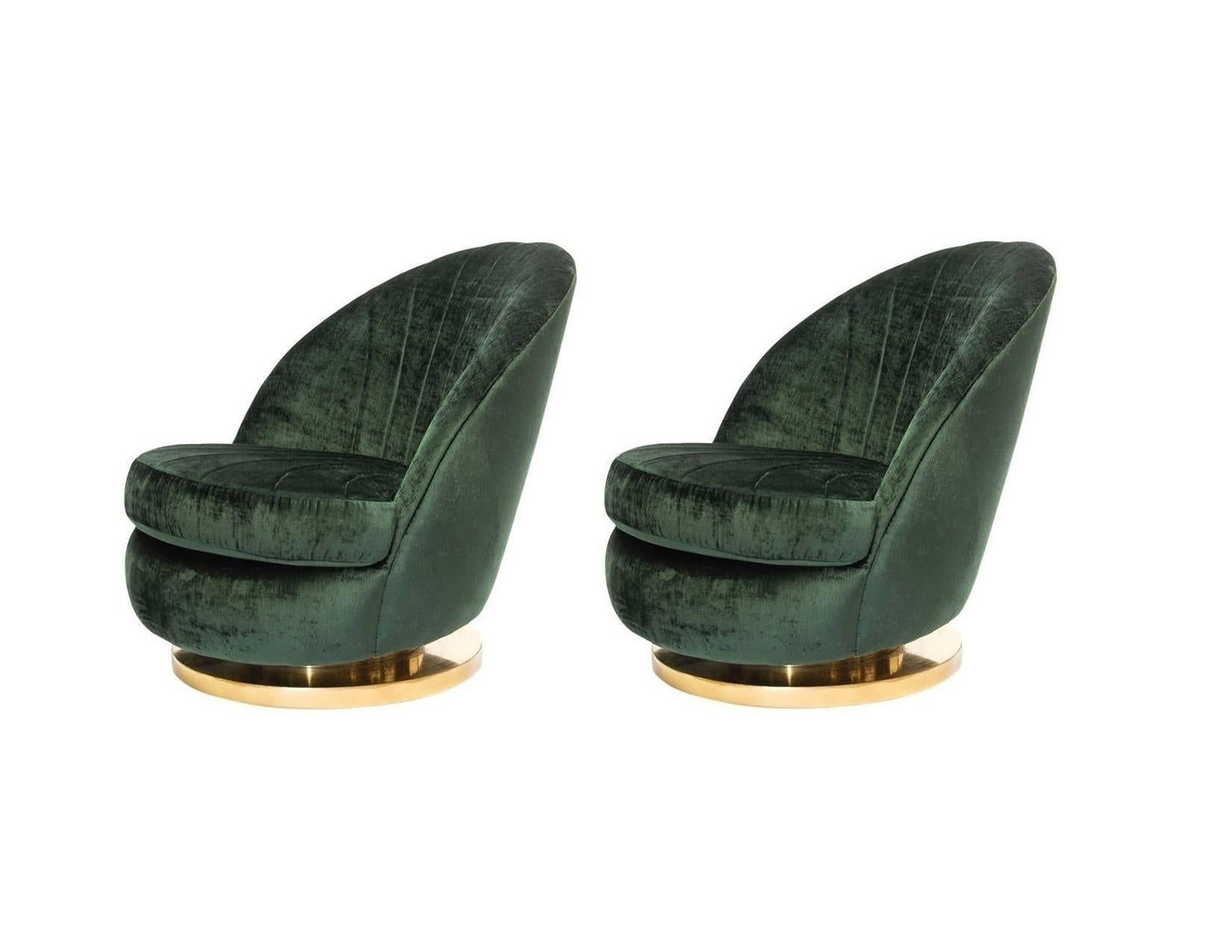 Mid-Century Modern Gorgeous Pair of Green Milo Baughman Tilt and Swivel Lounge Brass Chairs For Sale