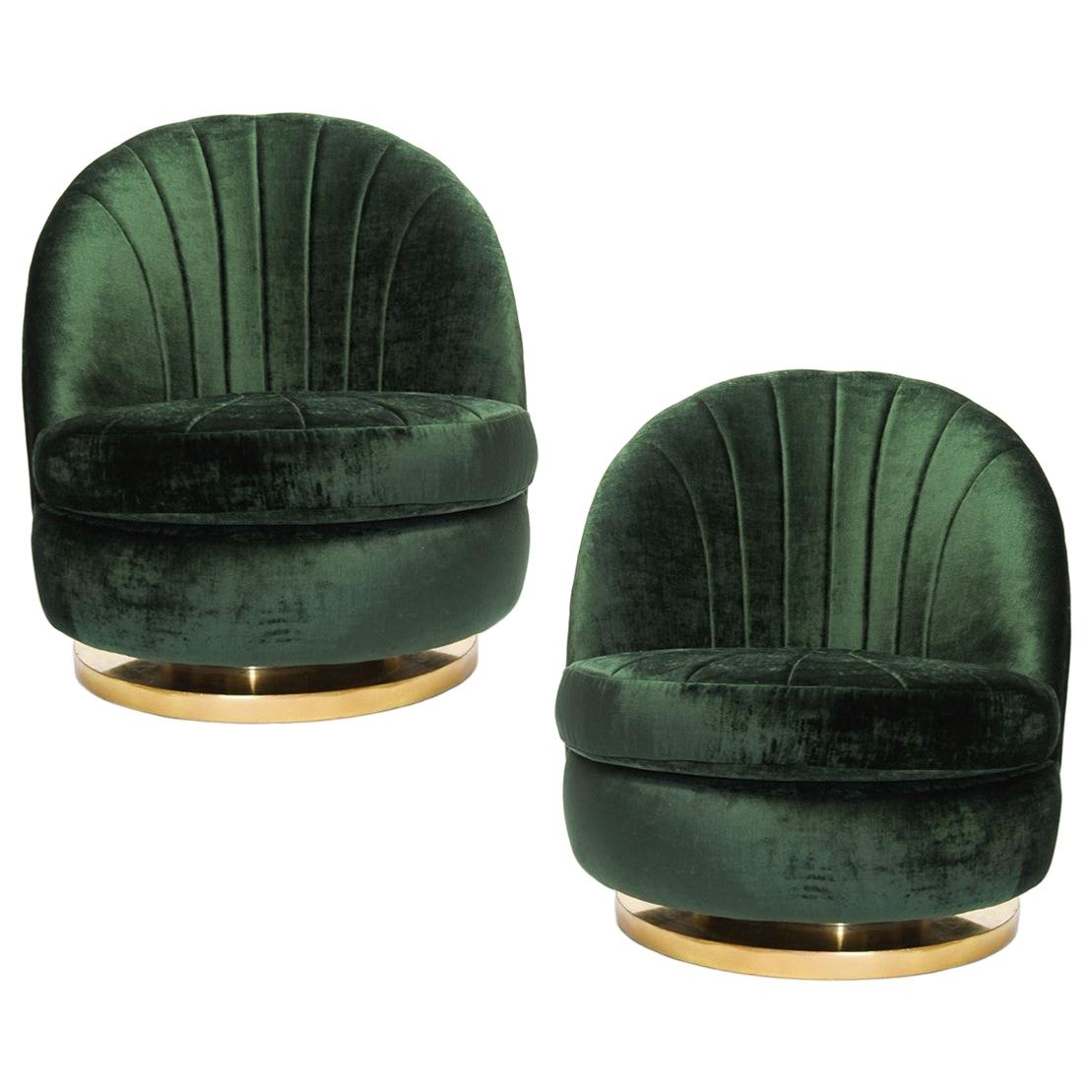 Gorgeous Pair of Green Milo Baughman Tilt and Swivel Lounge Brass Chairs