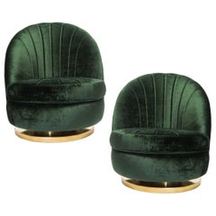 Retro Gorgeous Pair of Green Milo Baughman Tilt and Swivel Lounge Brass Chairs