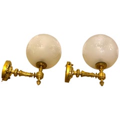 Gorgeous Pair of High Victorian Brass and Engraved Glass Gas Wall Sconces