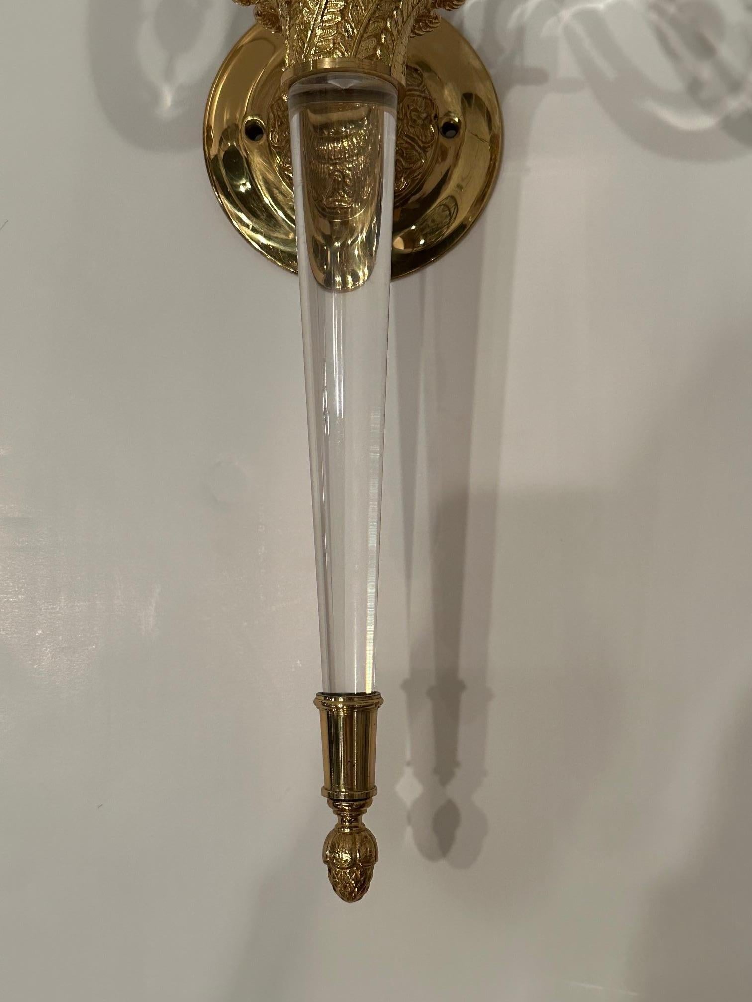 Gorgeous Pair of Hollywood Regency Lucite & Brass Sconces For Sale 6