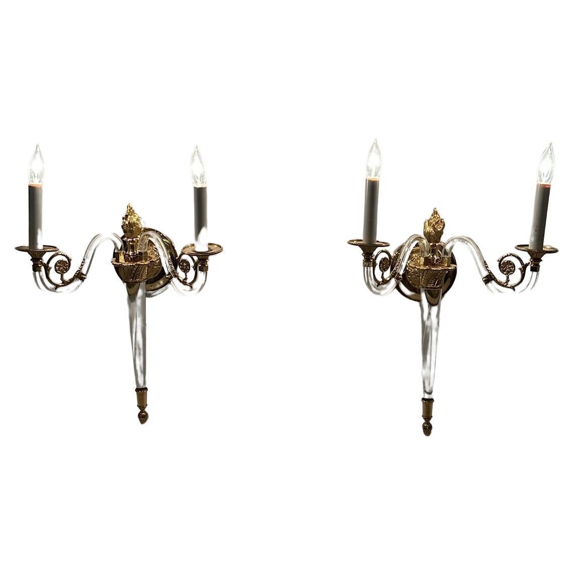 Gorgeous Pair of Hollywood Regency Lucite & Brass Sconces
