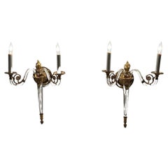 Gorgeous Pair of Hollywood Regency Lucite & Brass Sconces