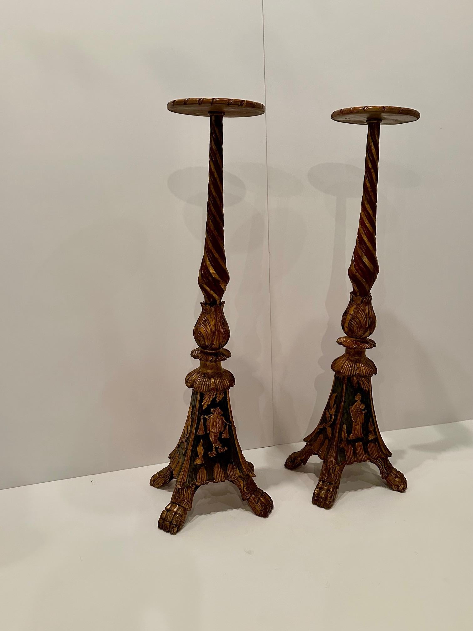 Gilt Gorgeous Pair of Italian Ornately Carved Painted & Gilded Pedestals For Sale