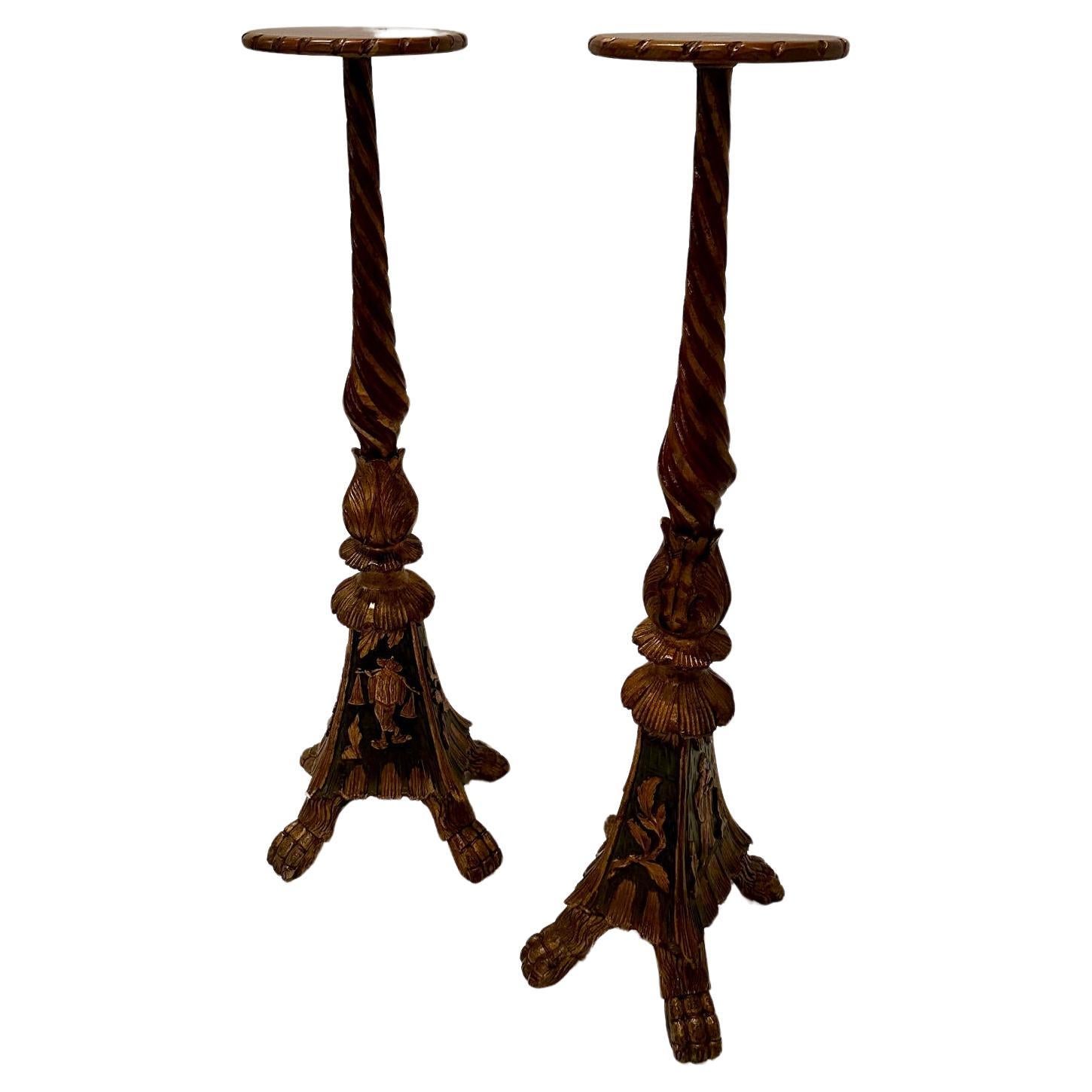 Gorgeous Pair of Italian Ornately Carved Painted & Gilded Pedestals For Sale