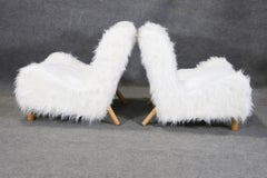 Gorgeous Pair of Low Slung Faux Fur Chairs with Oak Frames