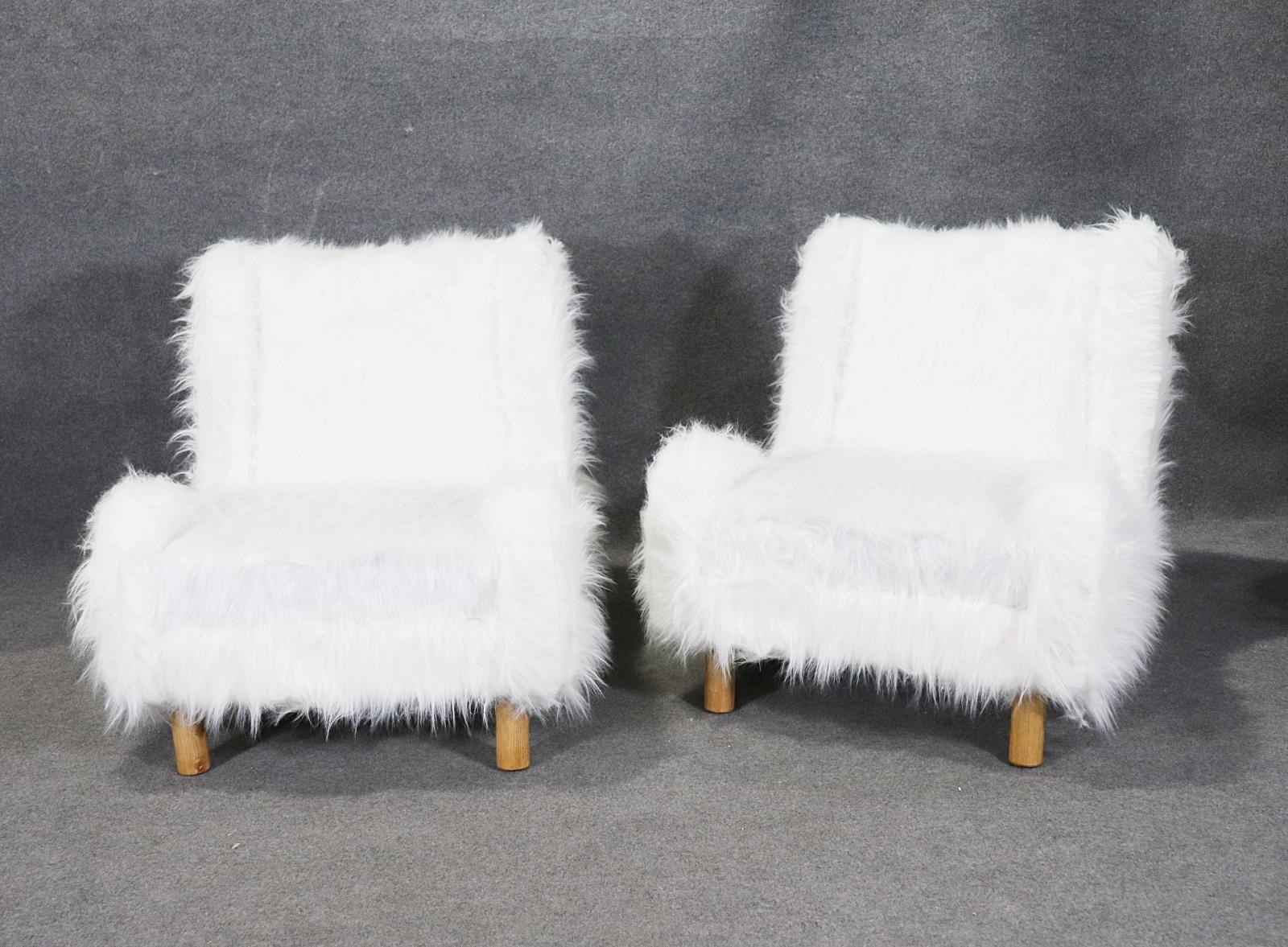 Mid-Century Modern Gorgeous Pair of Low Slung Faux Fur Chairs with Oak Frames Manner Jean Royere  For Sale