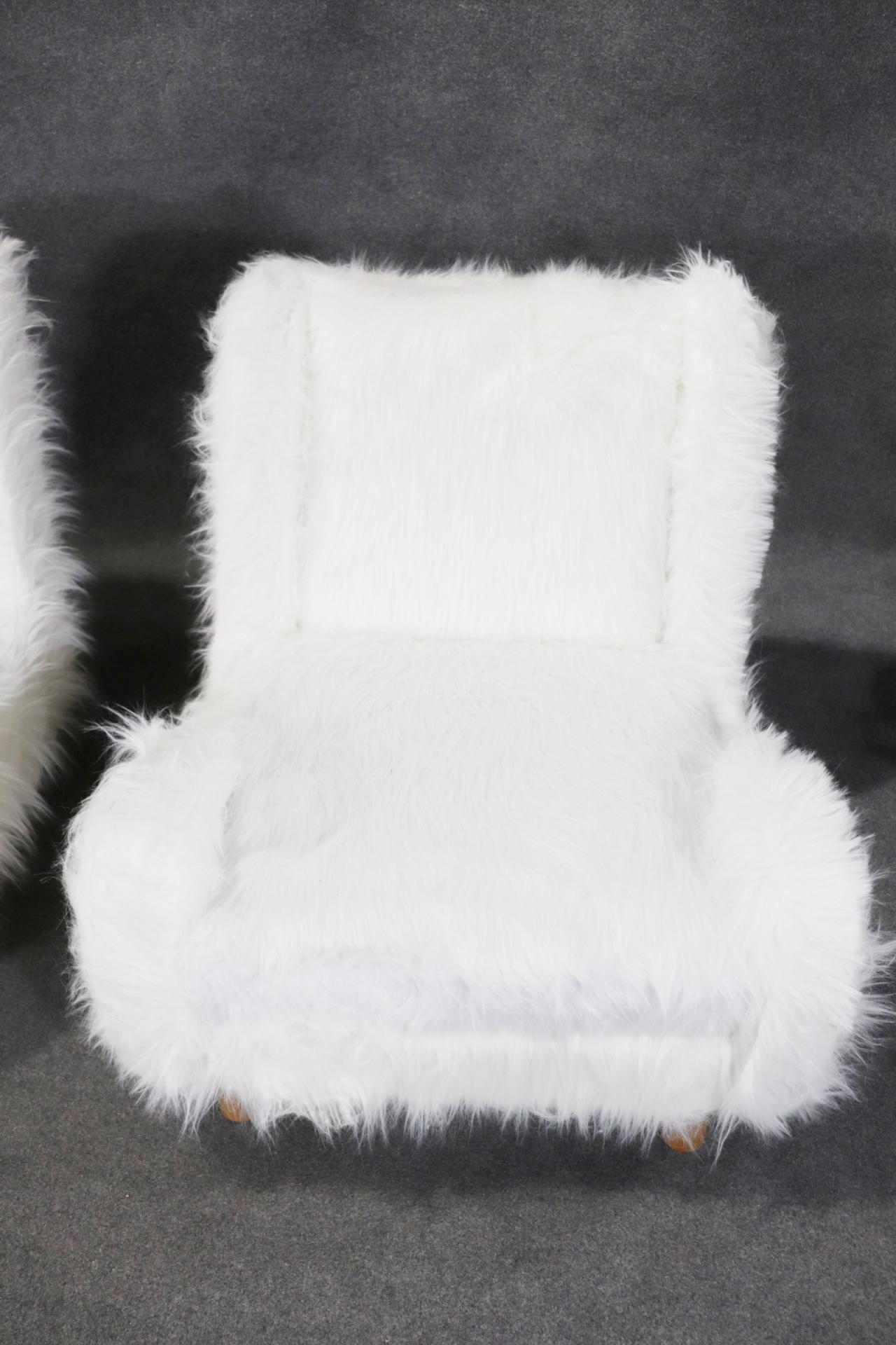 Gorgeous Pair of Low Slung Faux Fur Chairs with Oak Frames Manner Jean Royere  In Good Condition For Sale In Swedesboro, NJ