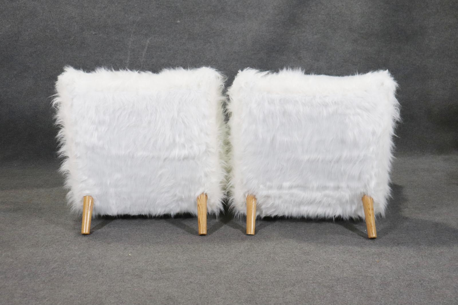 Contemporary Gorgeous Pair of Low Slung Faux Fur Chairs with Oak Frames Manner Jean Royere  For Sale