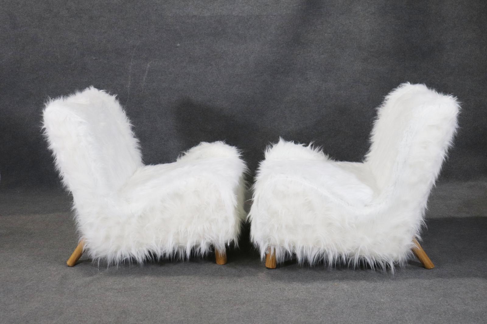 Gorgeous Pair of Low Slung Faux Fur Chairs with Oak Frames Manner Jean Royere  For Sale 1