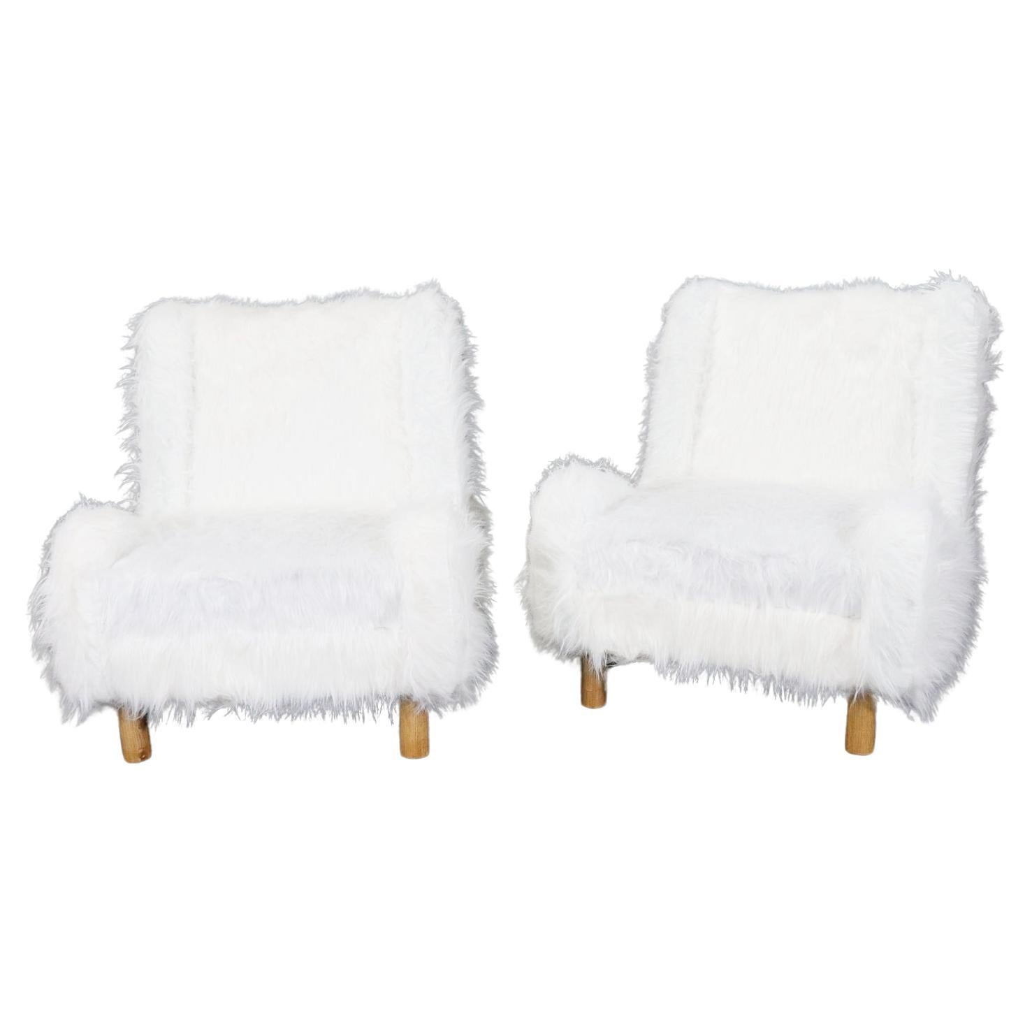 Gorgeous Pair of Low Slung Faux Fur Chairs with Oak Frames Manner Jean Royere  For Sale