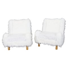 Gorgeous Pair of Low Slung Faux Fur Chairs with Oak Frames Manner Jean Royere 