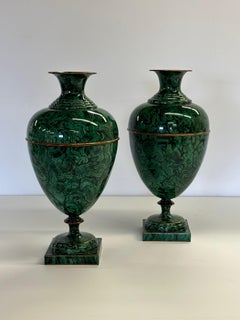 Gorgeous Pair of Maitland Smith Enameled Faux Malachite Urns