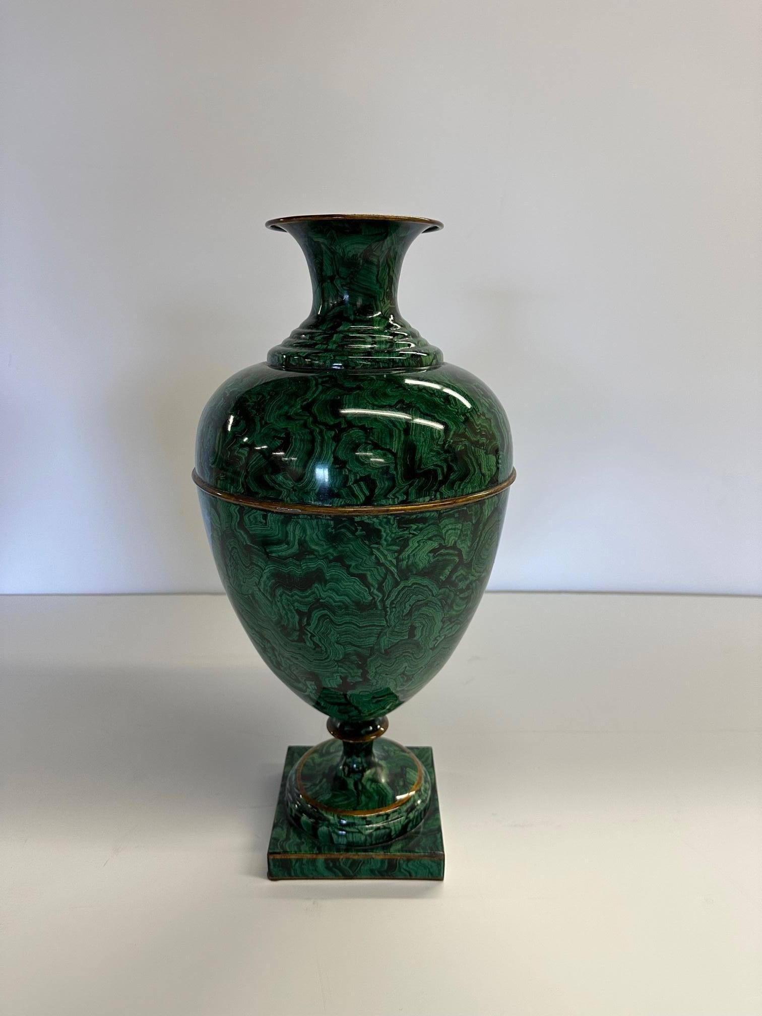 Neoclassical Gorgeous Pair of Maitland Smith Enameled Faux Malachite Urns