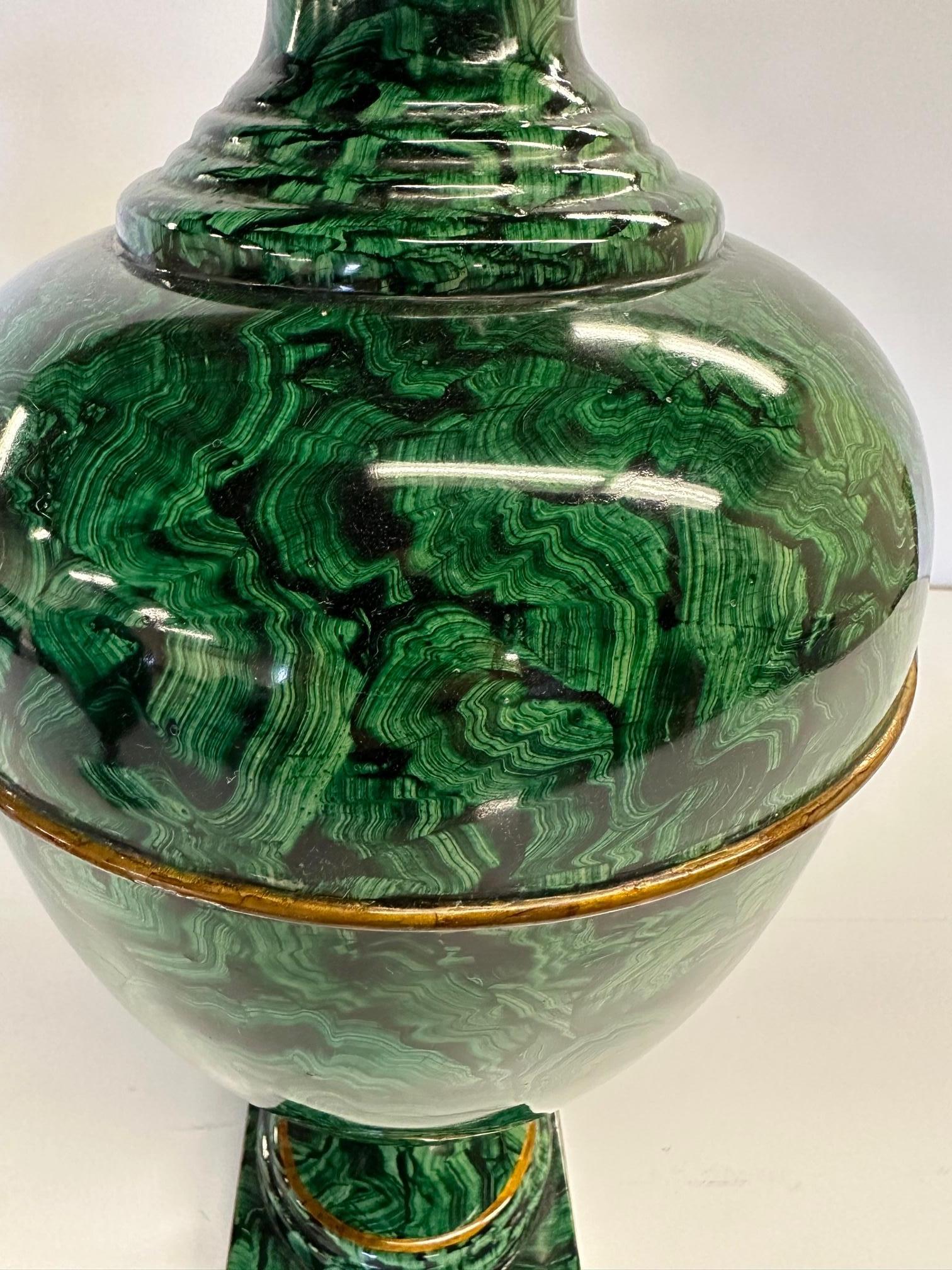 Gorgeous Pair of Maitland Smith Enameled Faux Malachite Urns In Good Condition In Hopewell, NJ