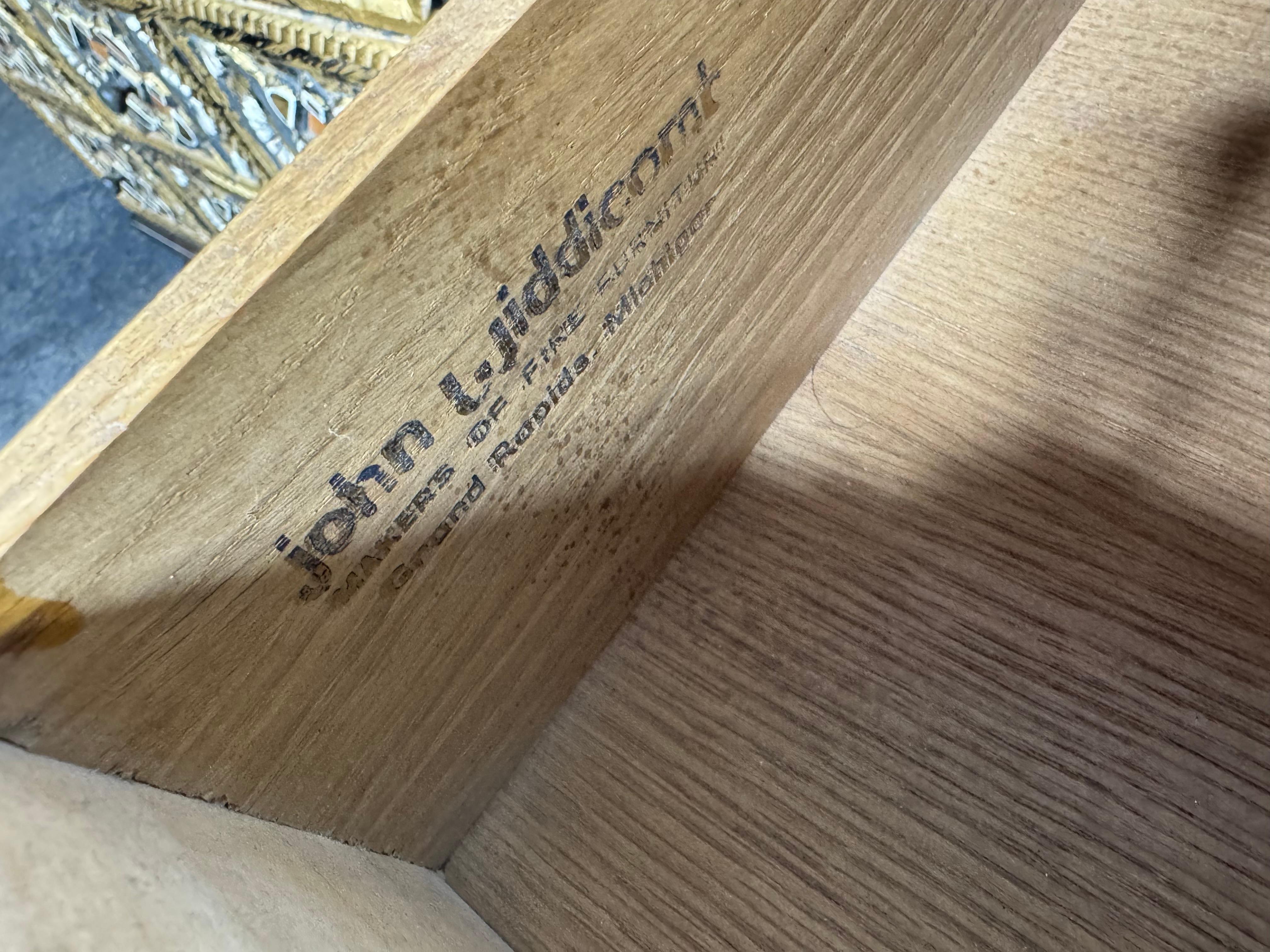 
A fabulous pair or three-drawer small Treasure Chests from a coveted boutique series by John Widdicomb. circa 1965. Expertly crafted mahogany case construction, dove-tail construction, Superior quality. Incredible intricately carved drawer fronts