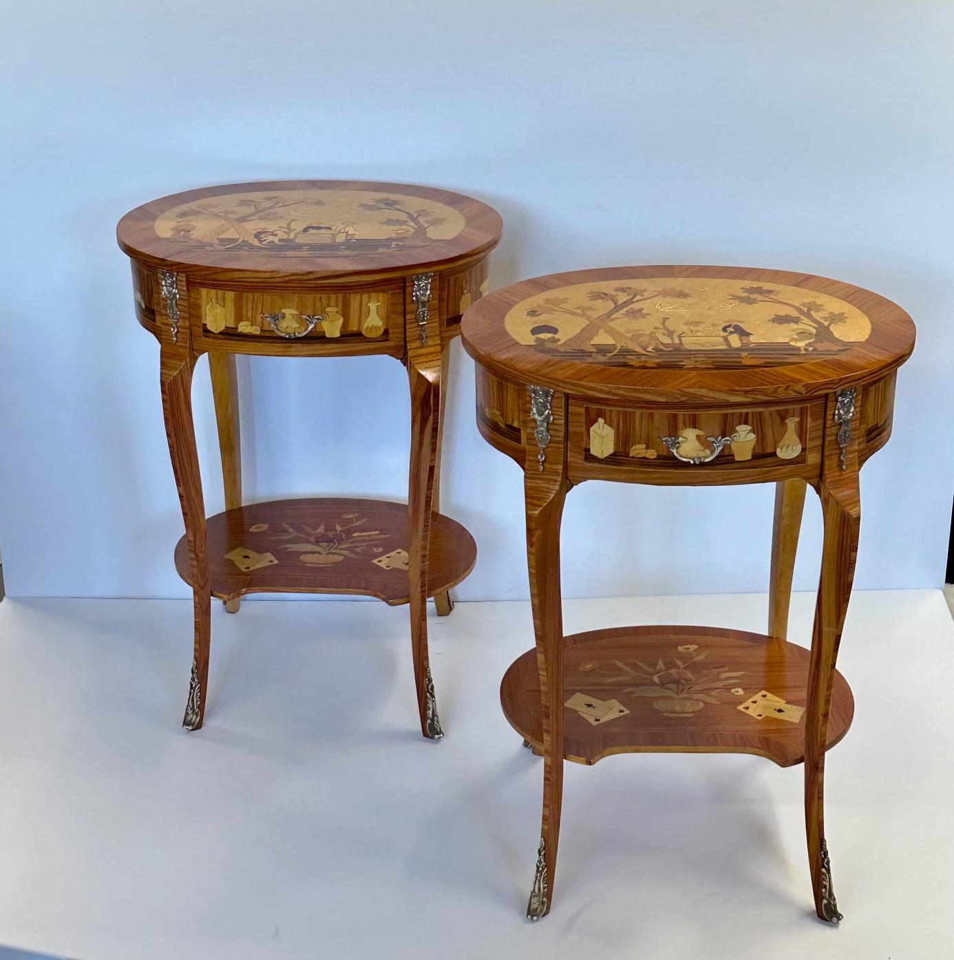 Gorgeous Pair of Mixed Wood Inlaid Night Stands with Playing Card Decoration In Good Condition For Sale In Hopewell, NJ