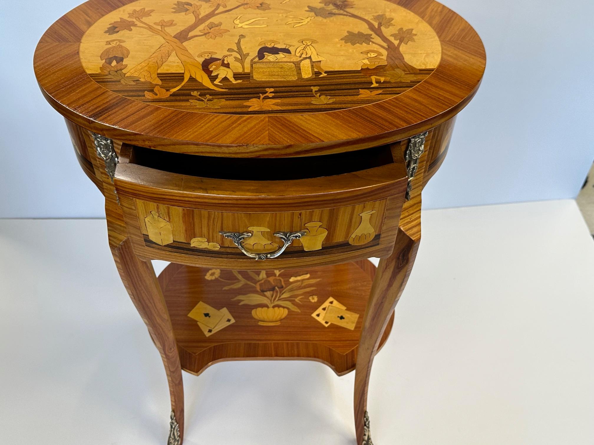 Italian Gorgeous Mixed Wood Inlaid Night Standwith Playing Card Decoration For Sale