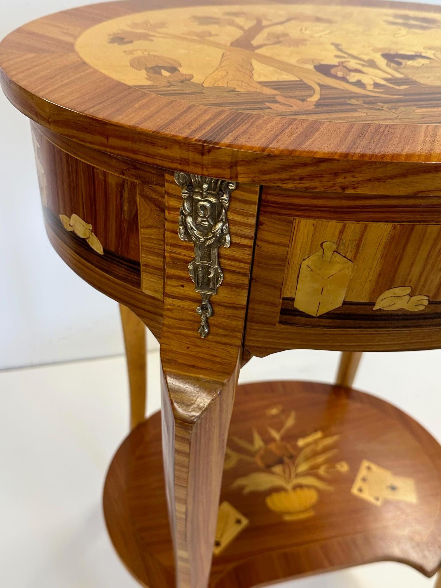 Mid-20th Century Gorgeous Mixed Wood Inlaid Night Standwith Playing Card Decoration For Sale