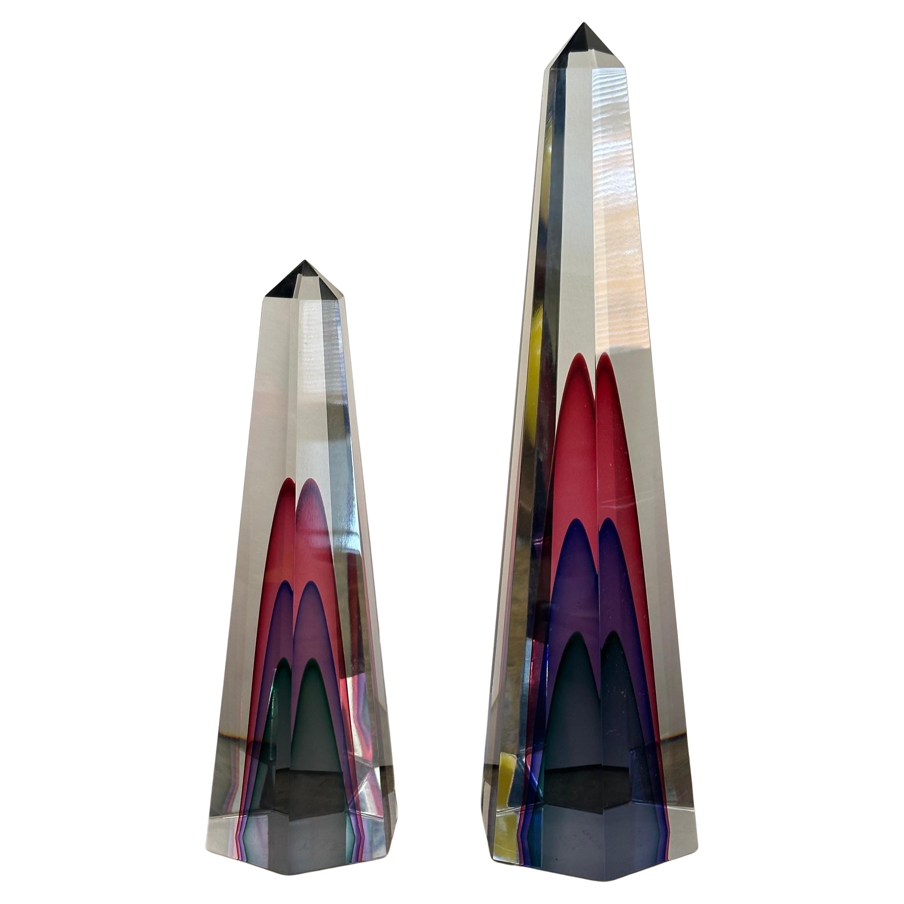 Gorgeous Pair of Multi Sommerso Art Glass Obelisks by Luigi Onesto for Murano For Sale 6